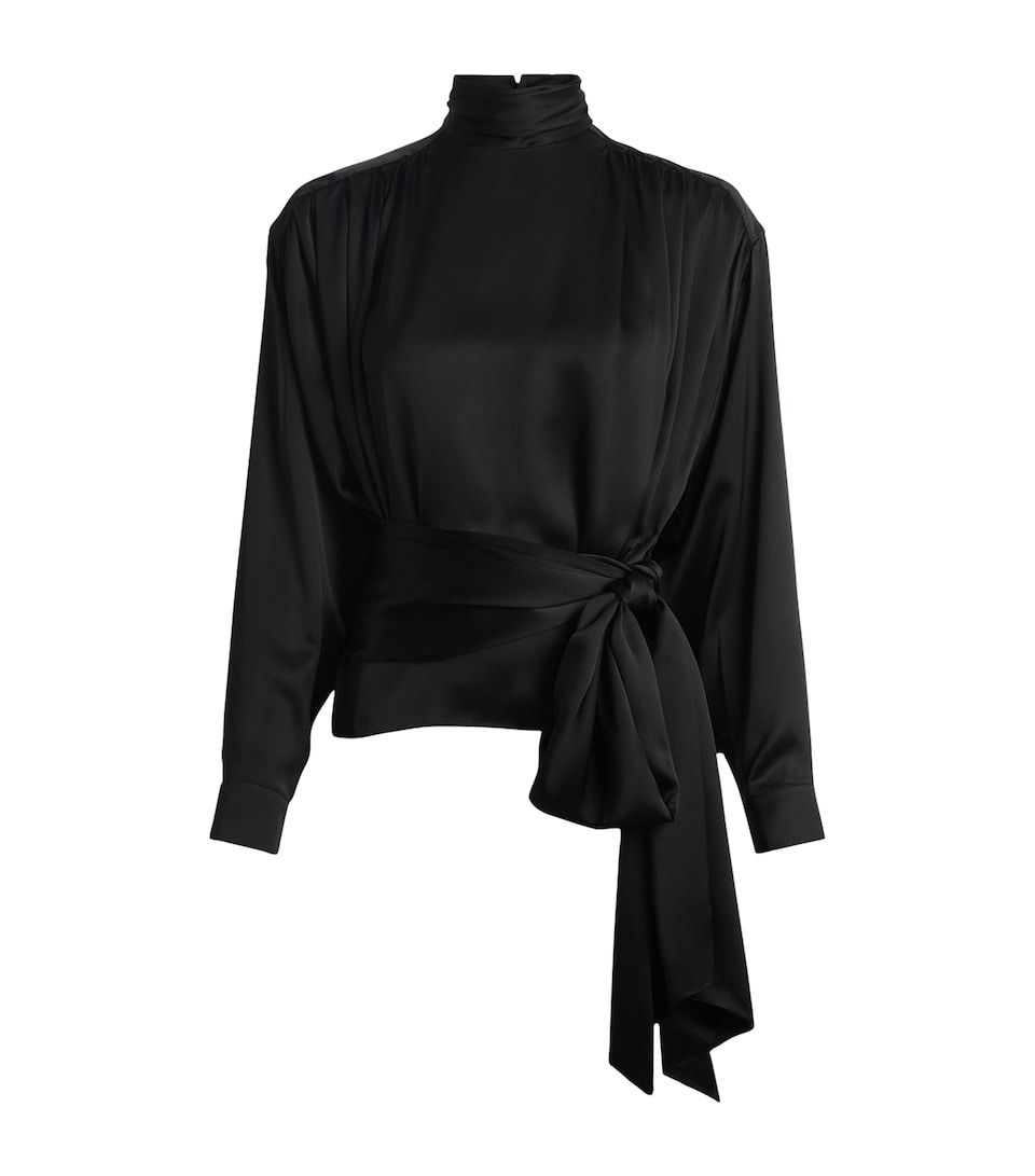 Balmain Womens Silk Satin Tie-Neck Blouse Noir