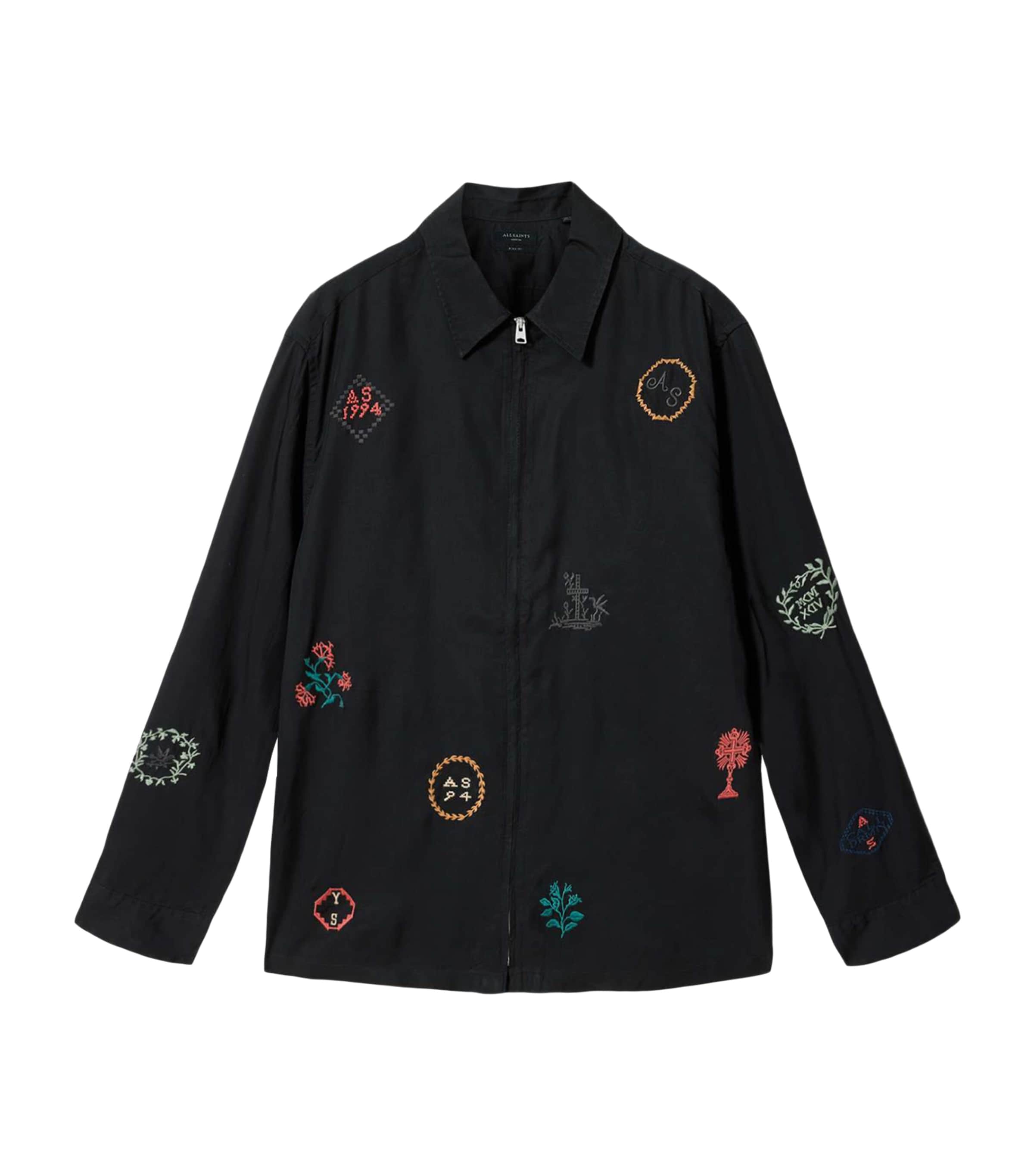 AllSaints Mens Embroidered Zip-Up Shirt Orca Black