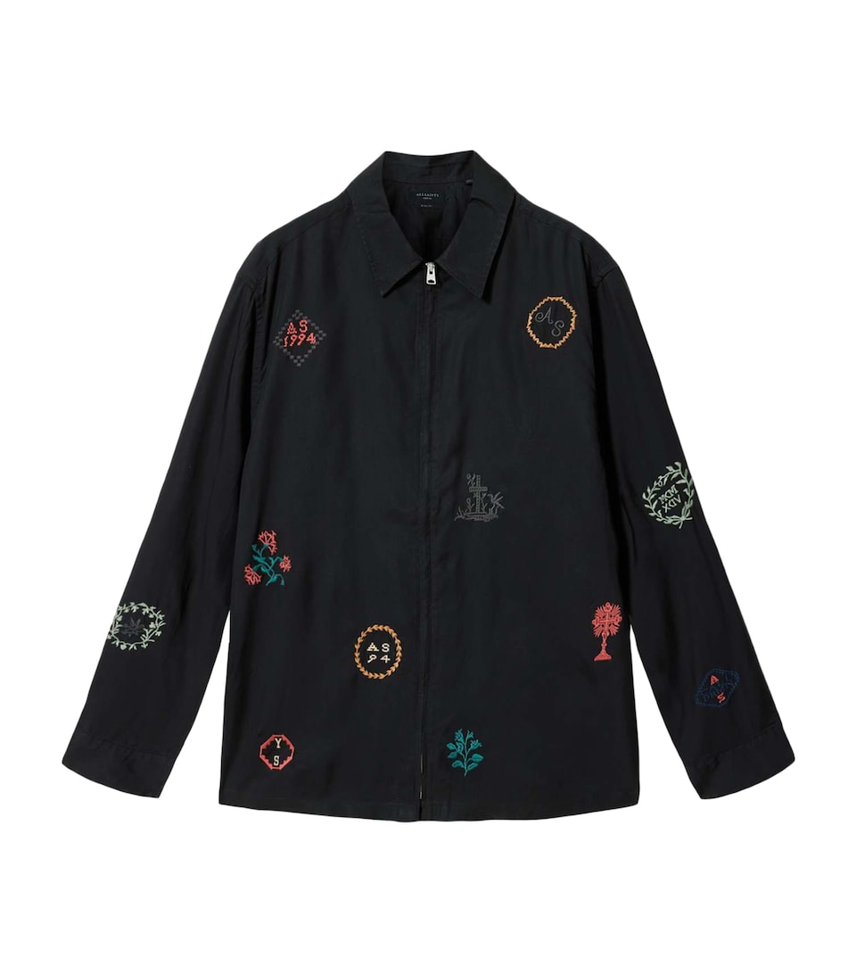 AllSaints Mens Embroidered Zip-Up Shirt Orca Black