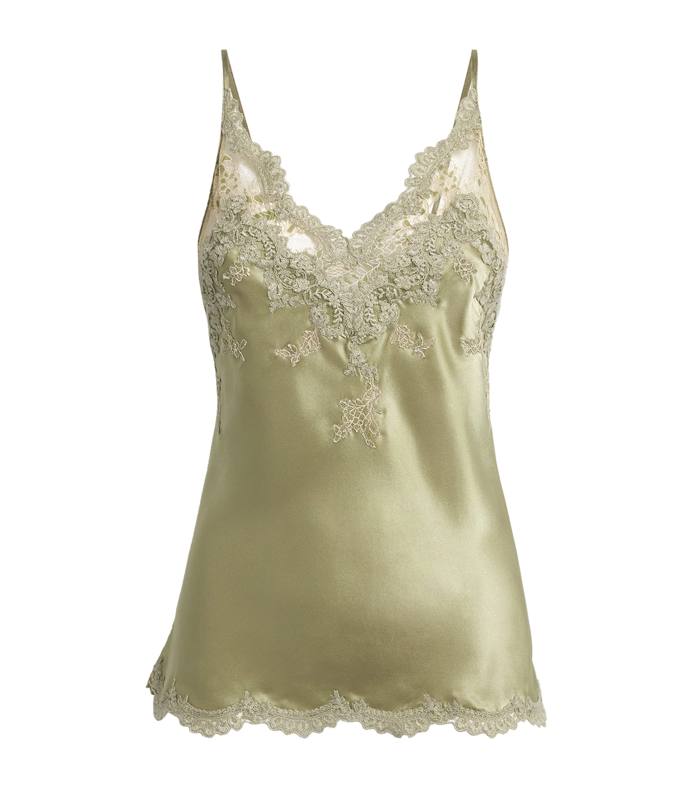 Marjolaine Womens Silk Lace-Trim Daniella Cami Top Kaki