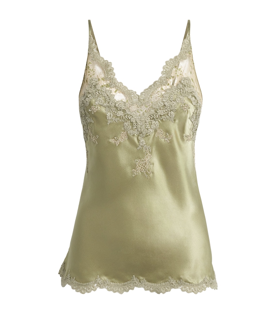 Marjolaine Womens Silk Lace-Trim Daniella Cami Top Kaki