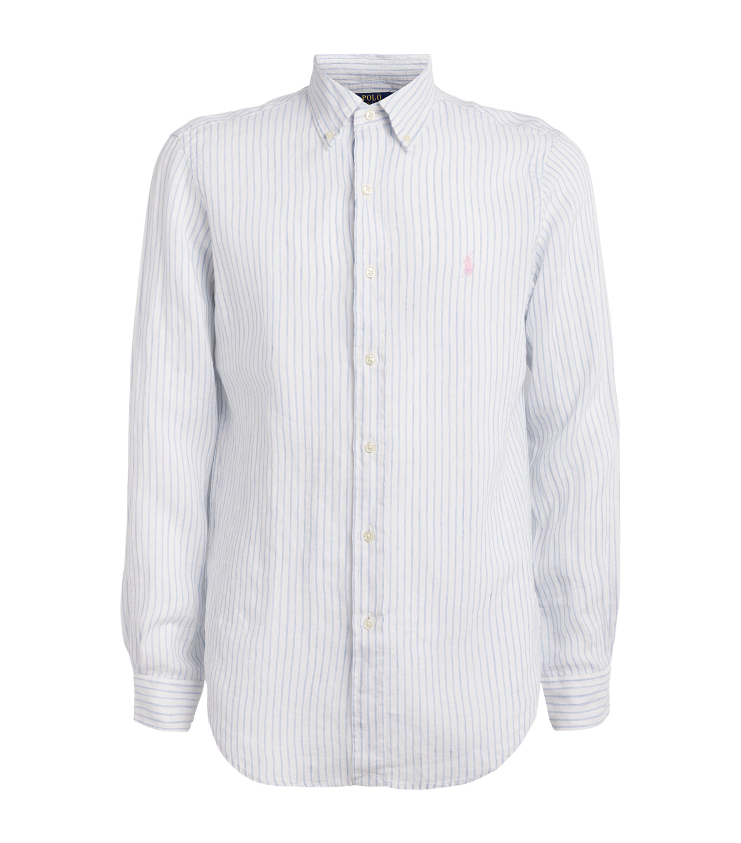 Polo Ralph Lauren Mens Linen Custom-Fit Stripe Shirt White Blue