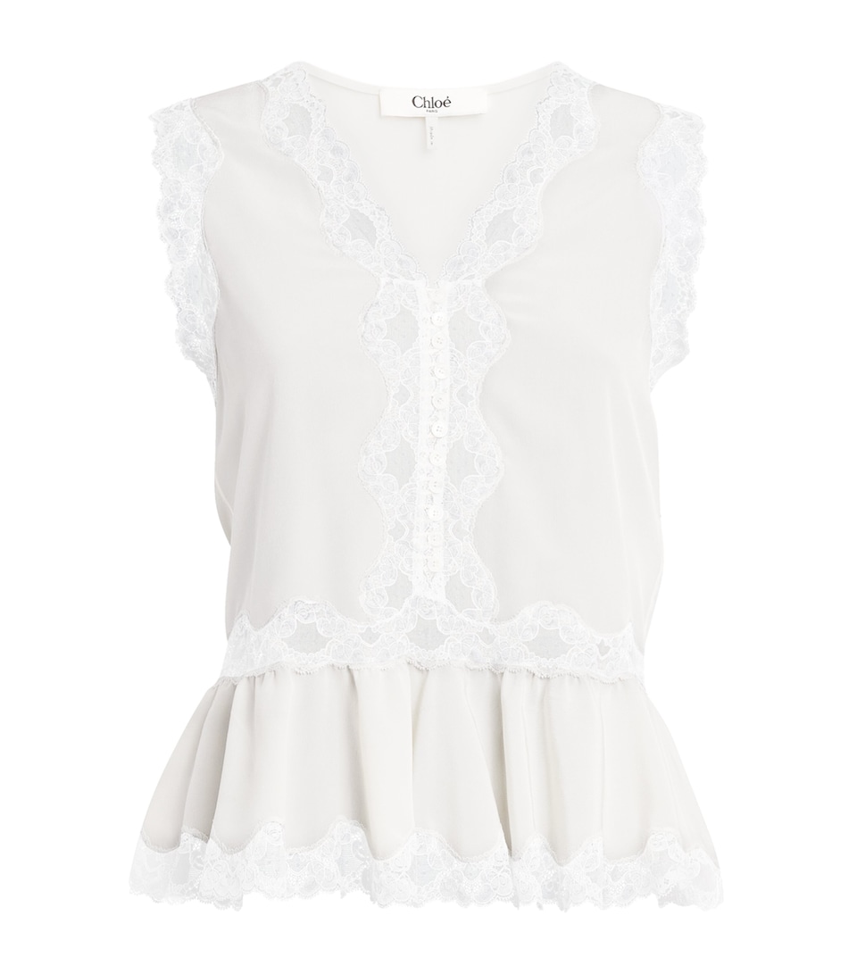 Chloé Womens Silk Crepe de Chine Lace Peplum Top Coconut Milk