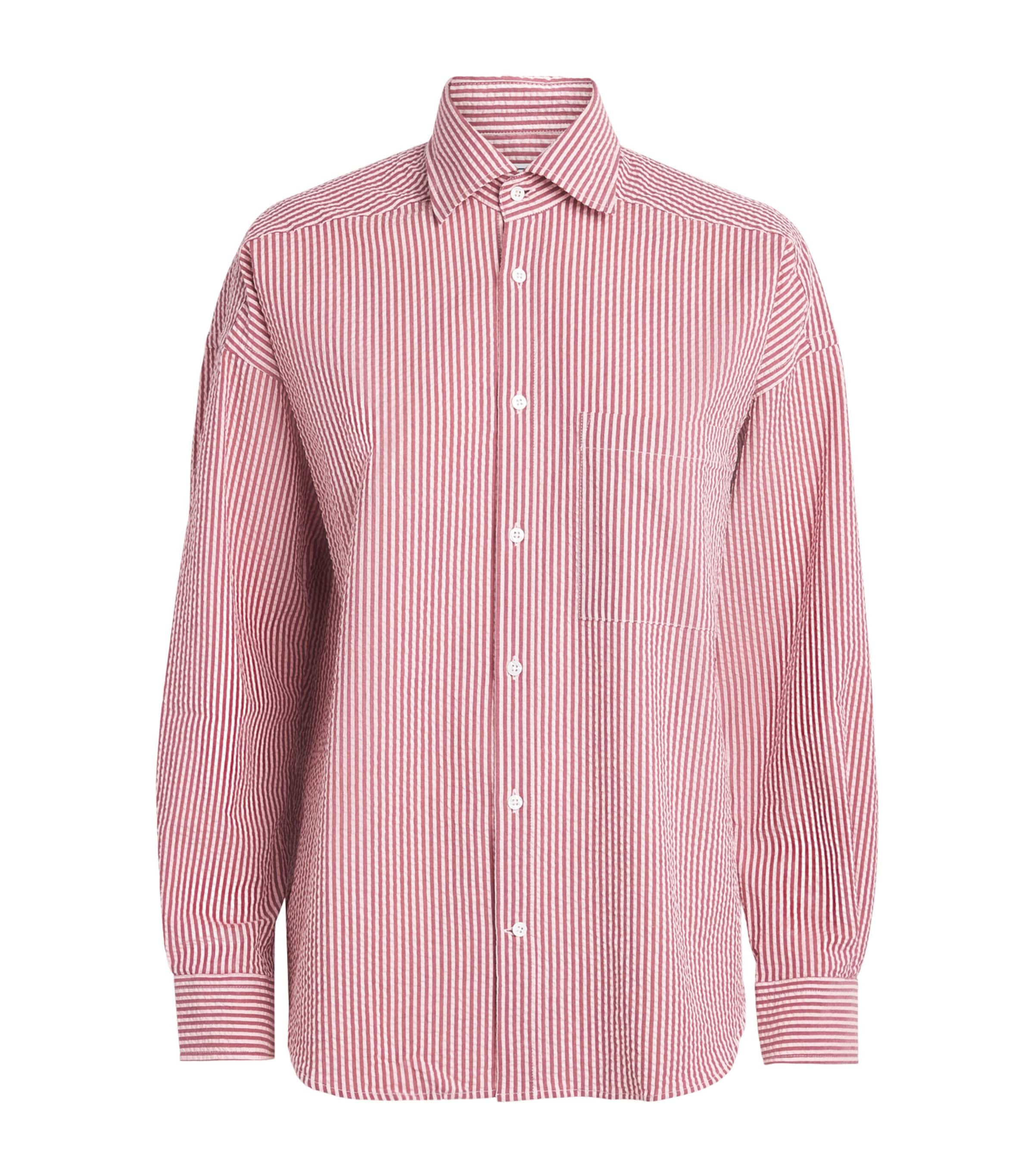 With Nothing Underneath Womens Seersucker Striped The Weekend Shirt Pink Berry Stripe