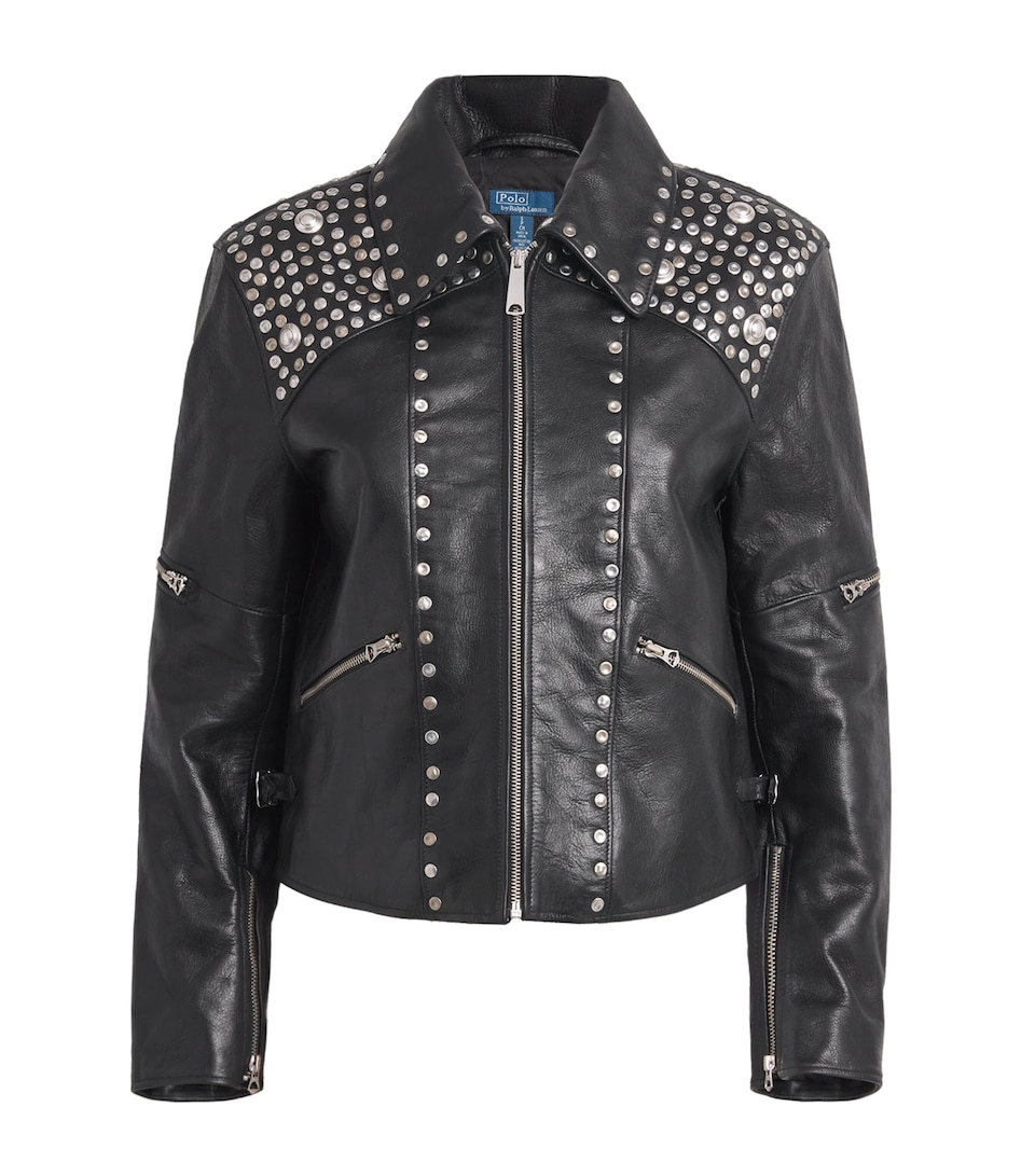 Polo Ralph Lauren Womens Studded Moto Leather Jacket Black