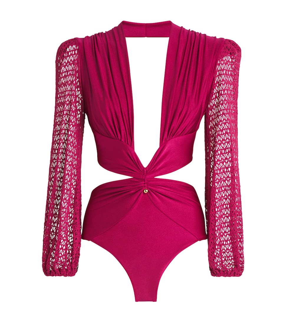 PatBO Womens Crochet-Trim Plunge-Neck Bodysuit Magenta