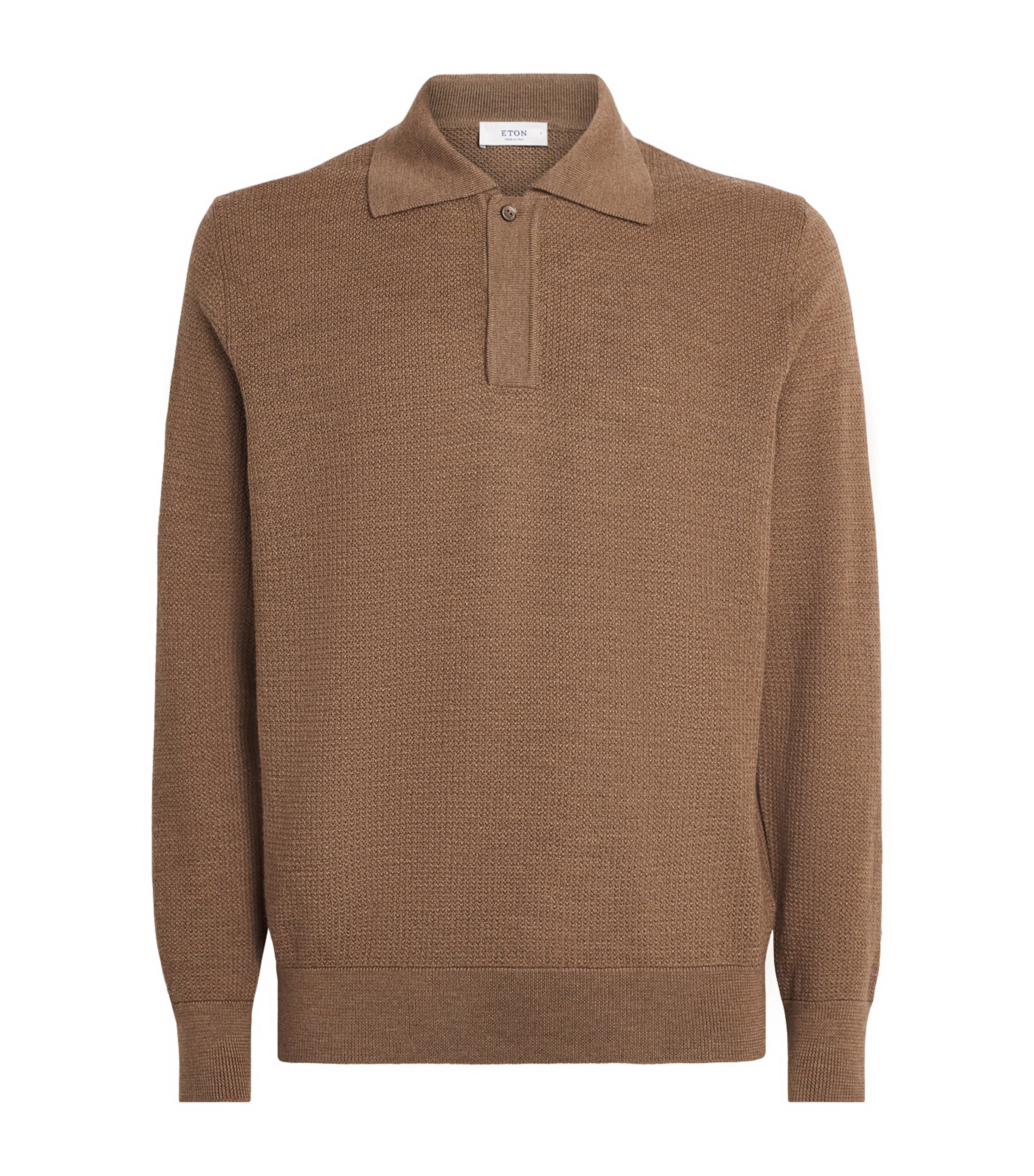 Eton Mens Wool-Knit Polo Sweater Brown