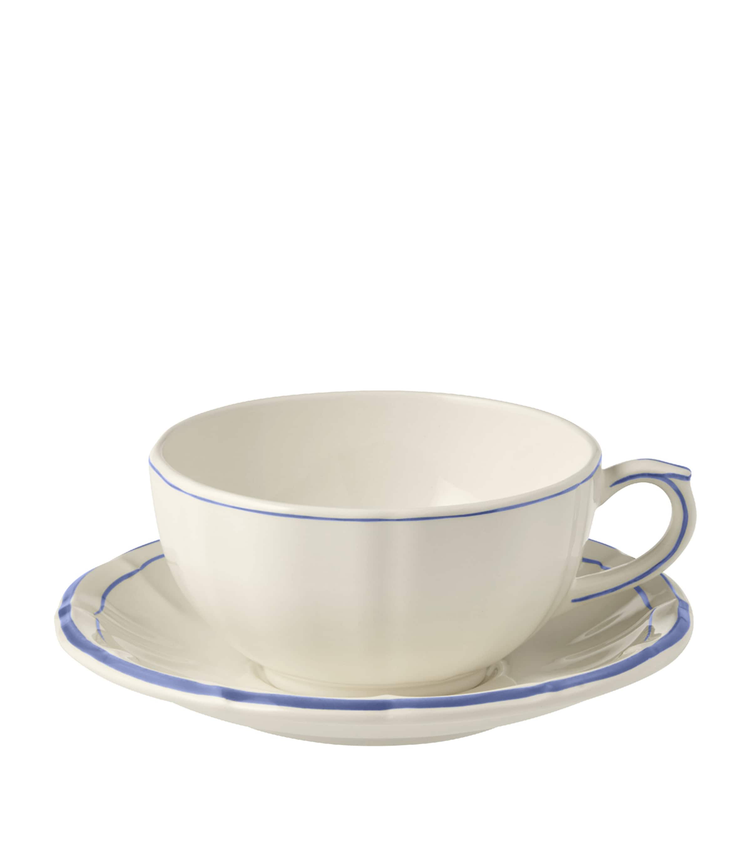 Gien Set of 2 Filets Bleu Teacups and Saucers White, Blue