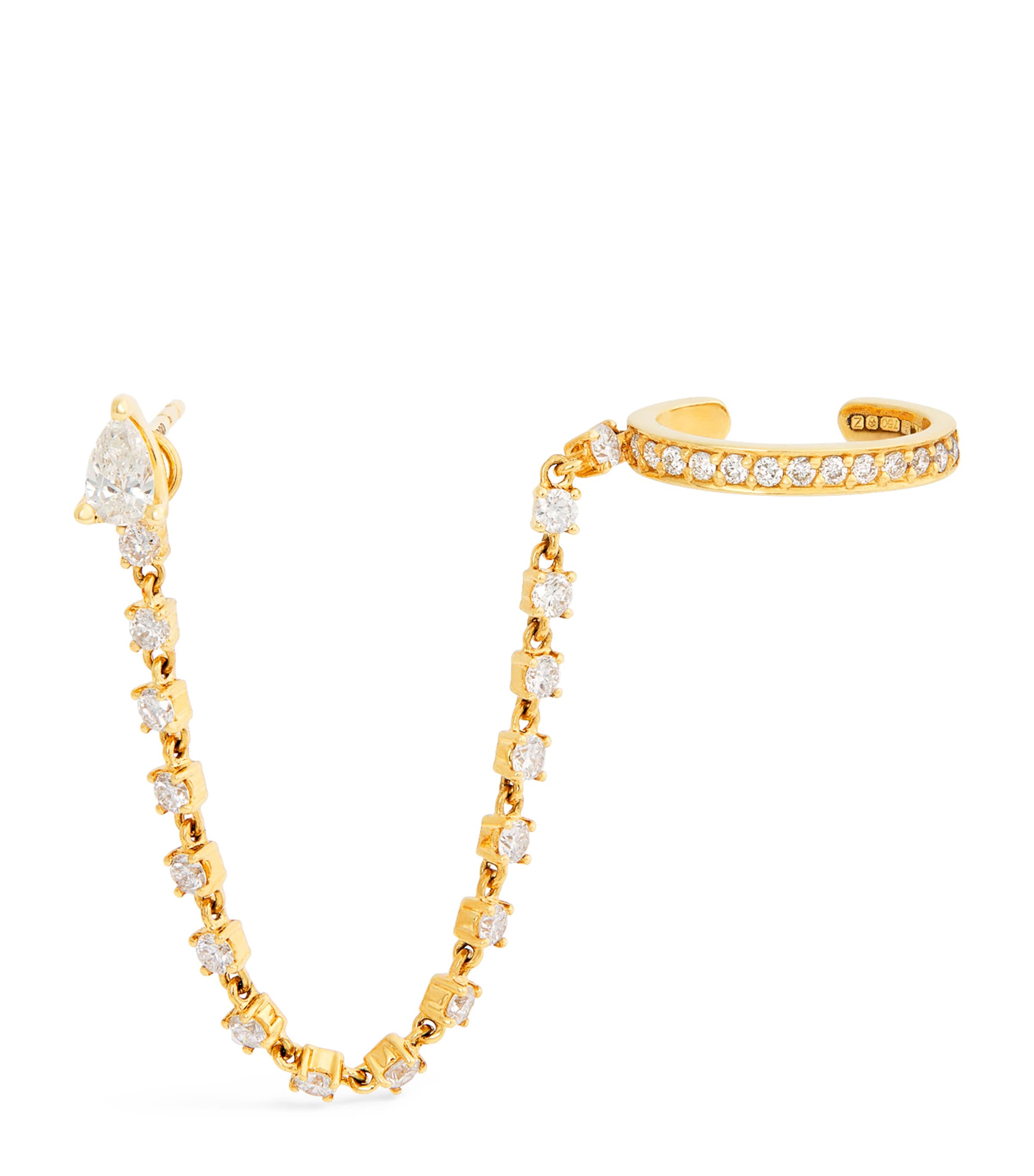 Yellow Gold and Diamond Chain Single Ear Cuff and Stud Earring