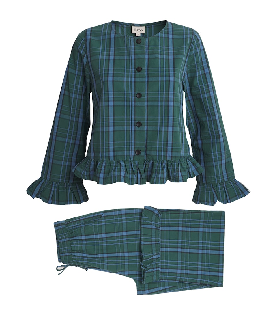 TBCO Womens Cotton Tartan Ruffle Pyjama Set Green Tartan Ruffle