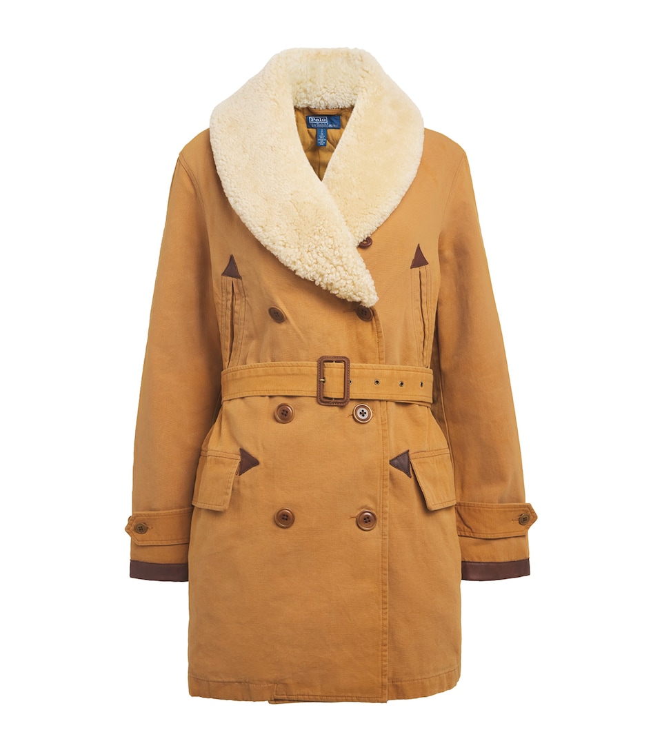 Polo Ralph Lauren Womens Canvas Shearling Trim Ranch Coat Khaki