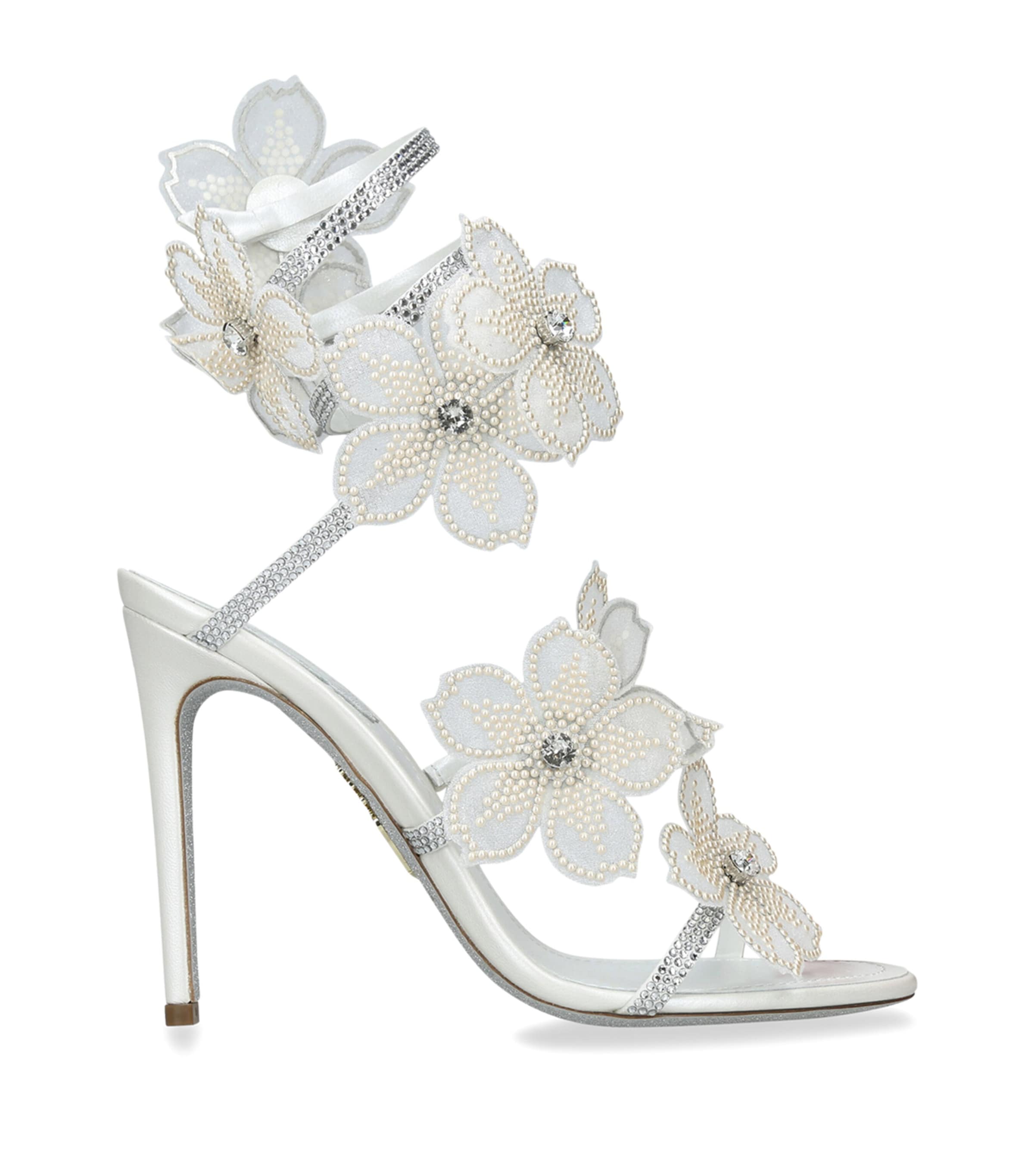 René Caovilla Leather Flower Cleo Sandals 105 White/oth