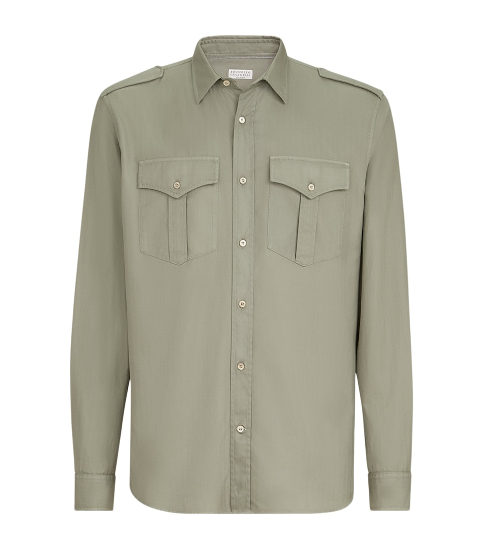 Brunello Cucinelli Mens Cotton Garment-Dyed Chevron Shirt Army Washed