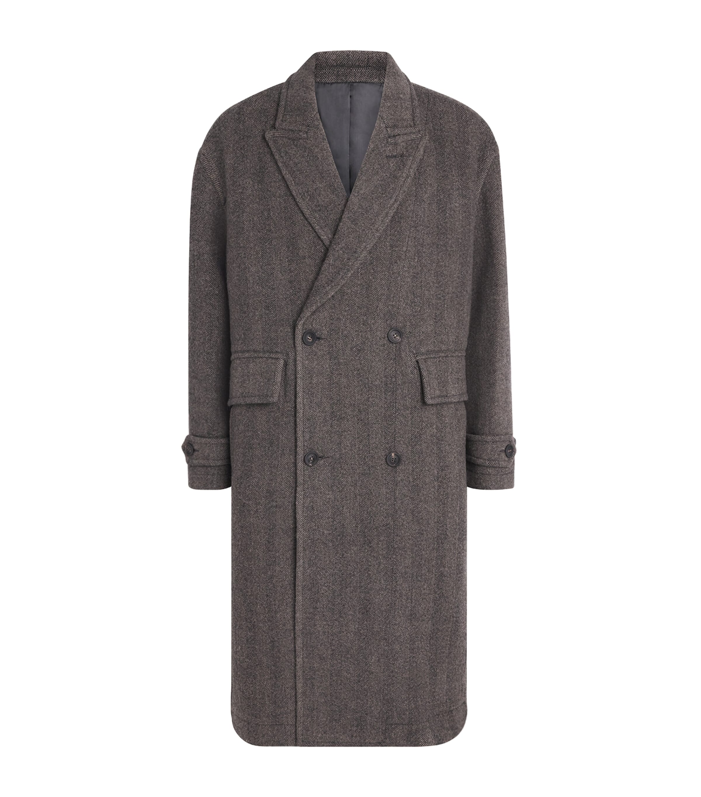 Coor Mens Wool Herringbone Double-Breasted Coat Melange Brown