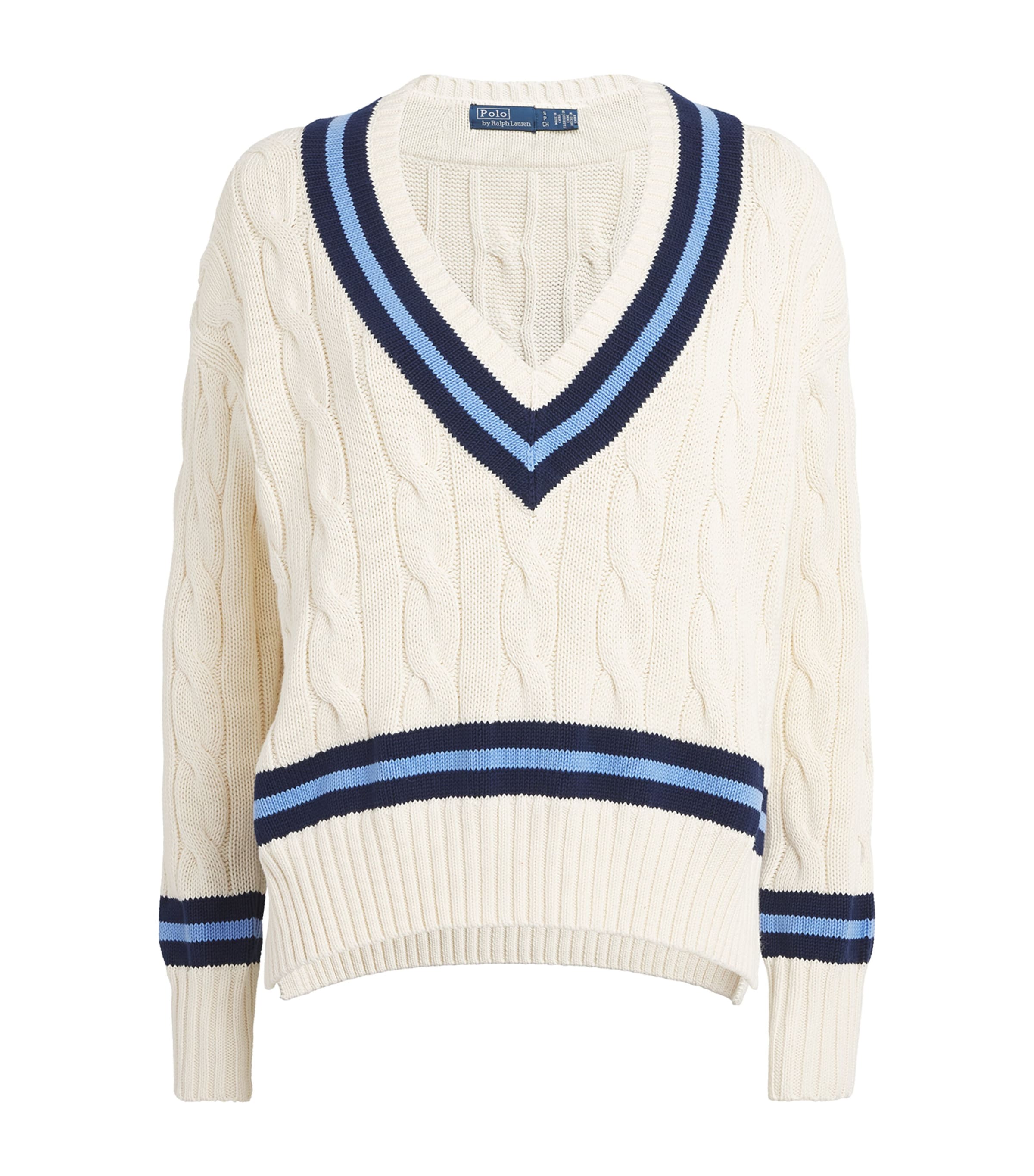 Polo Ralph Lauren Womens Cable-Knit Cricket Sweater Cream W/ Navy Stripe