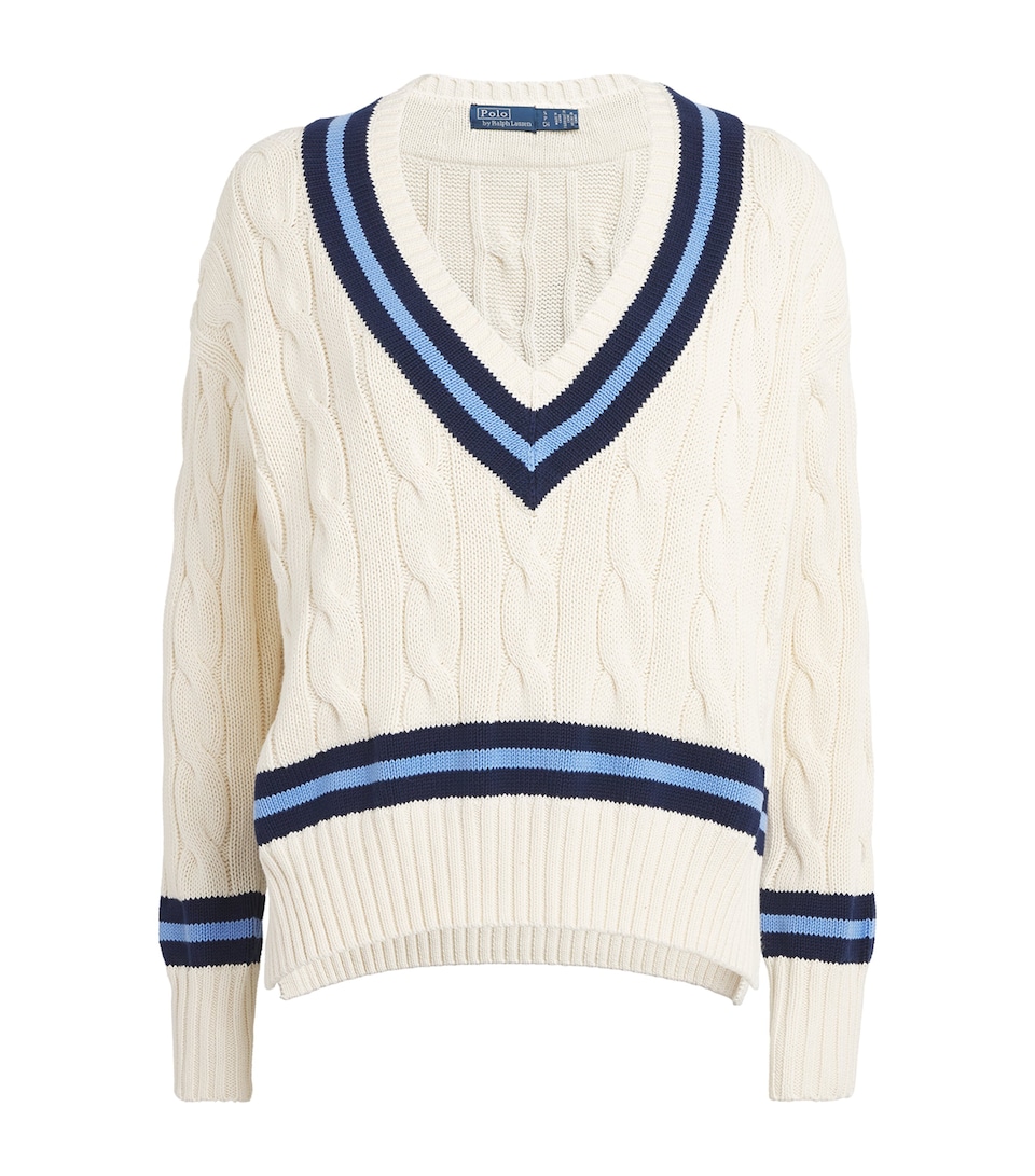 Polo Ralph Lauren Womens Cable-Knit Cricket Sweater Cream W/ Navy Stripe