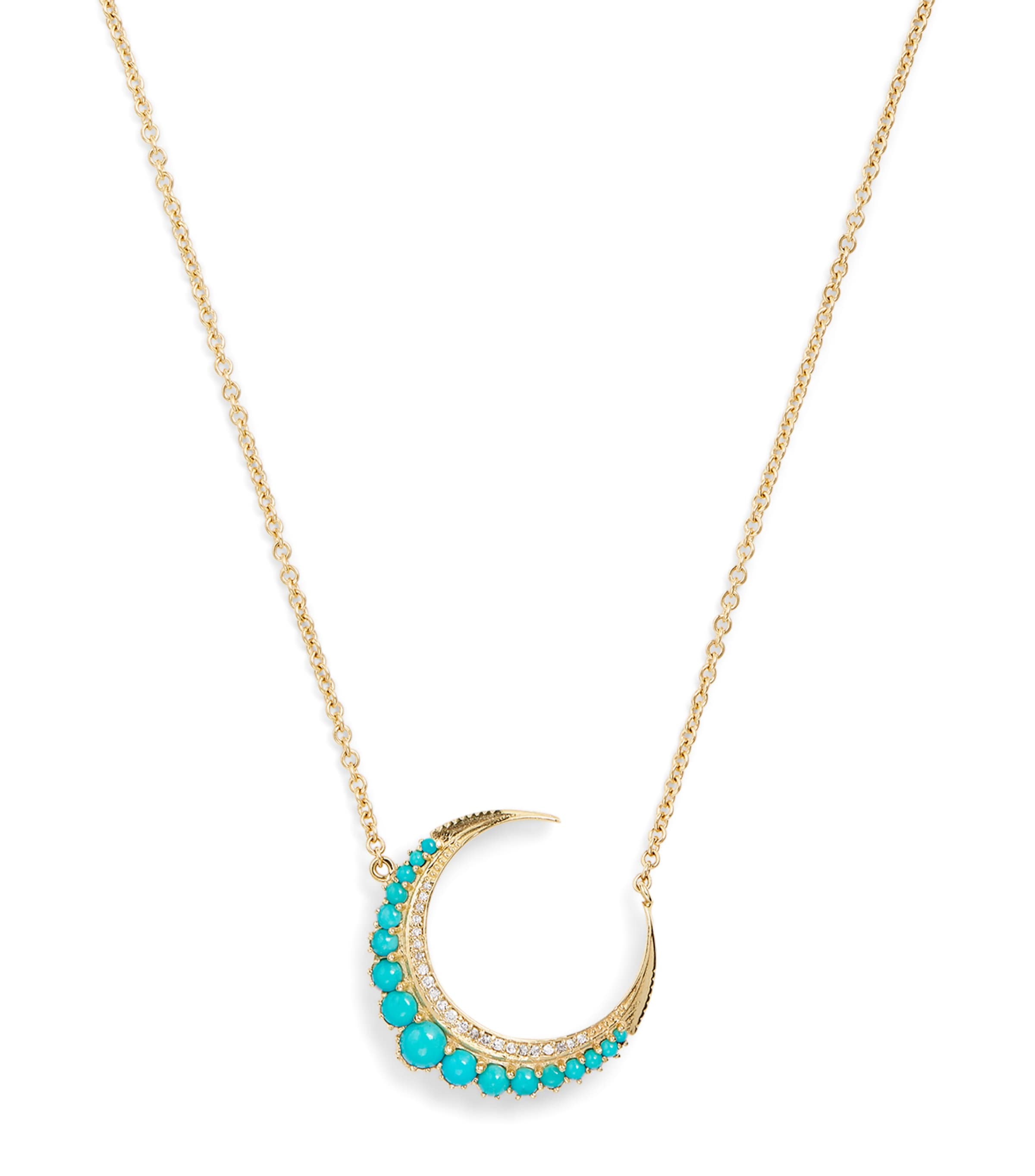Small Yellow Gold, Diamond and Turquoise Crescent Moon Necklace