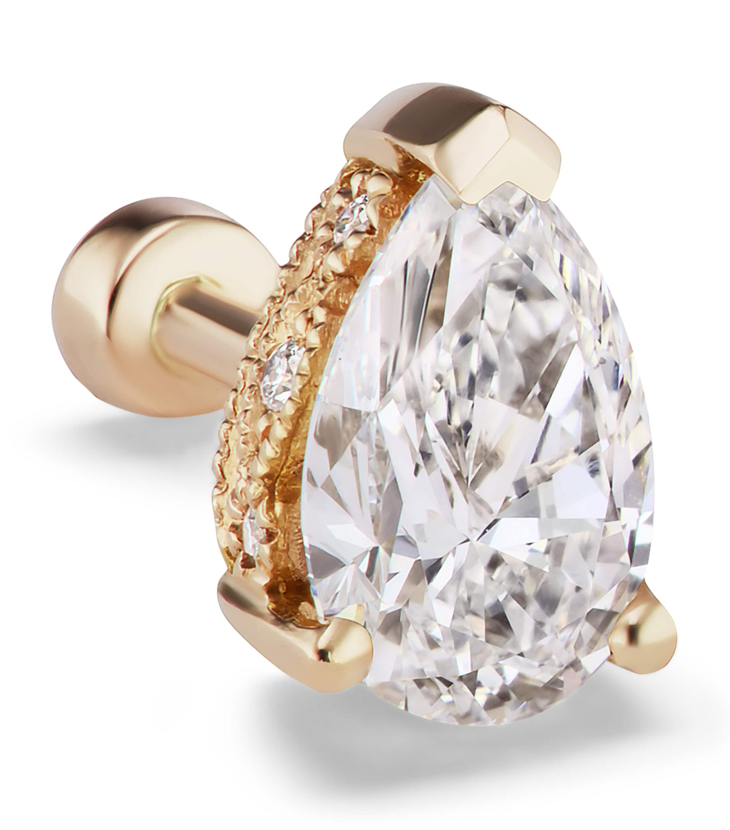 Yellow Gold Pear Diamond Threaded Stud Earring, Diamond Back (6mm)