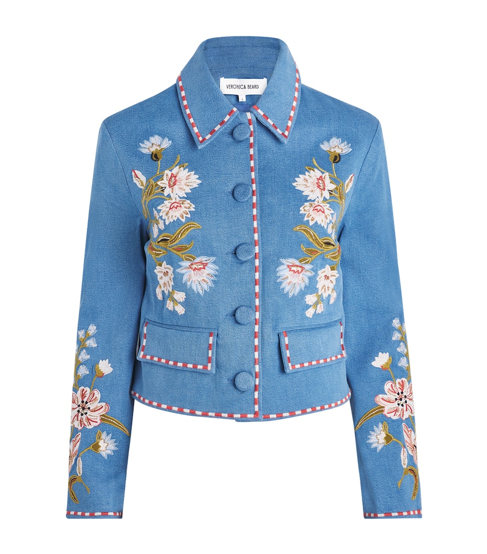 Veronica Beard Womens Embroidered Tailored Denim Jacket Sea Glare