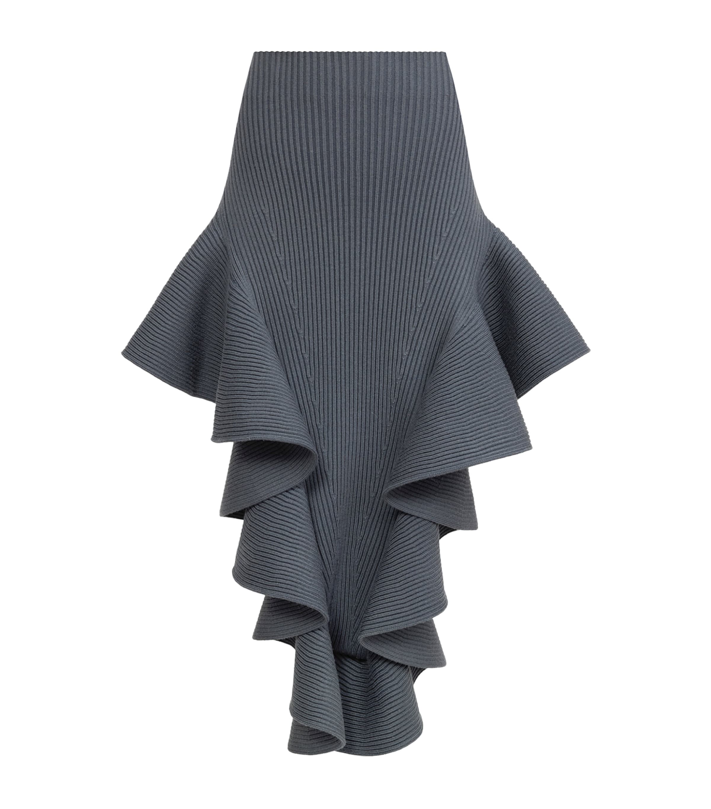 Alaïa Womens Ribbed Ruffle Maxi Skirt Blue Grey