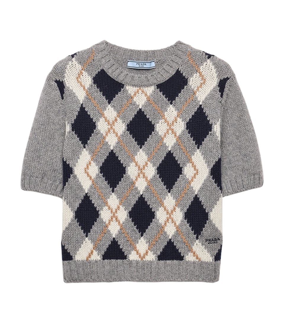 Cashmere Argyle Short-Sleeve Sweater