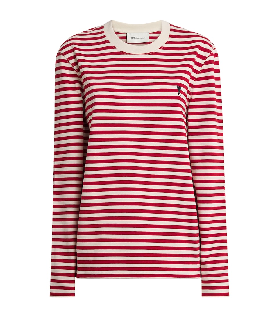 AMI Paris Cotton Stripe Long-Sleeve T-Shirt Rouge Rubis/ivoire