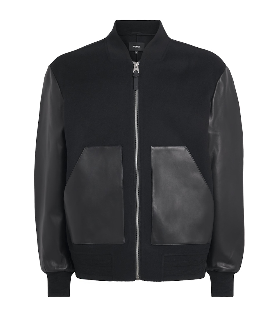 Mackage Mens Wool Leather-Trim Emilio Bomber Jacket Black