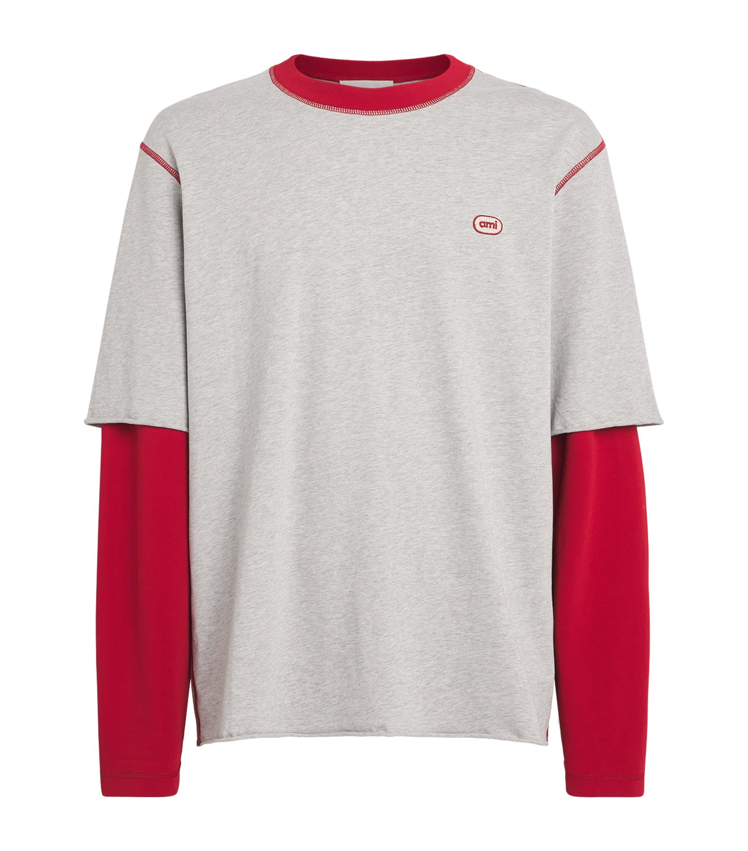AMI Paris Mens Cotton Double-Sleeve Logo T-Shirt Grs Cndr Chn/rg