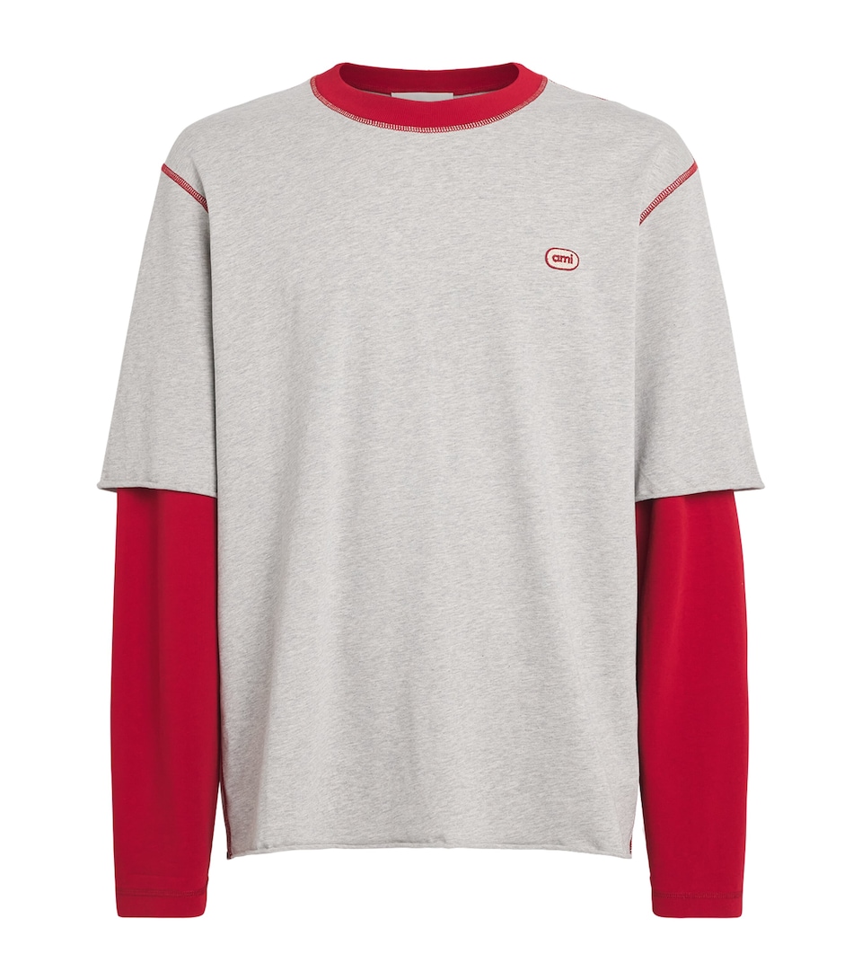 AMI Paris Mens Cotton Double-Sleeve Logo T-Shirt Grs Cndr Chn/rg
