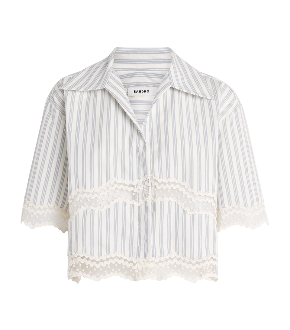 Sandro Paris Womens Cotton Stripe Embroidered Shirt Ecru / Bleu