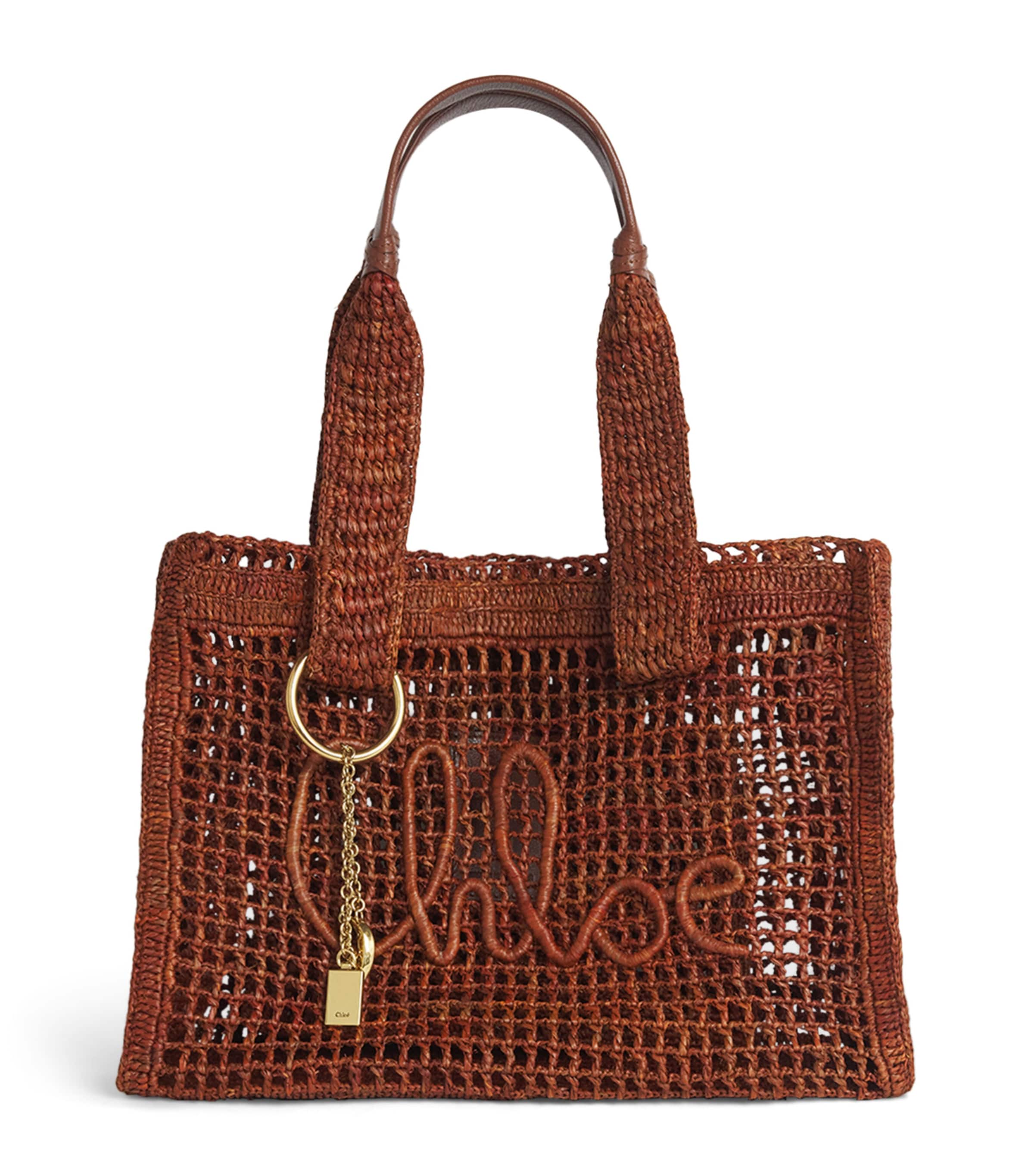 Chloé Raffia Summer Banana East-West Tote Bag Clay Brown