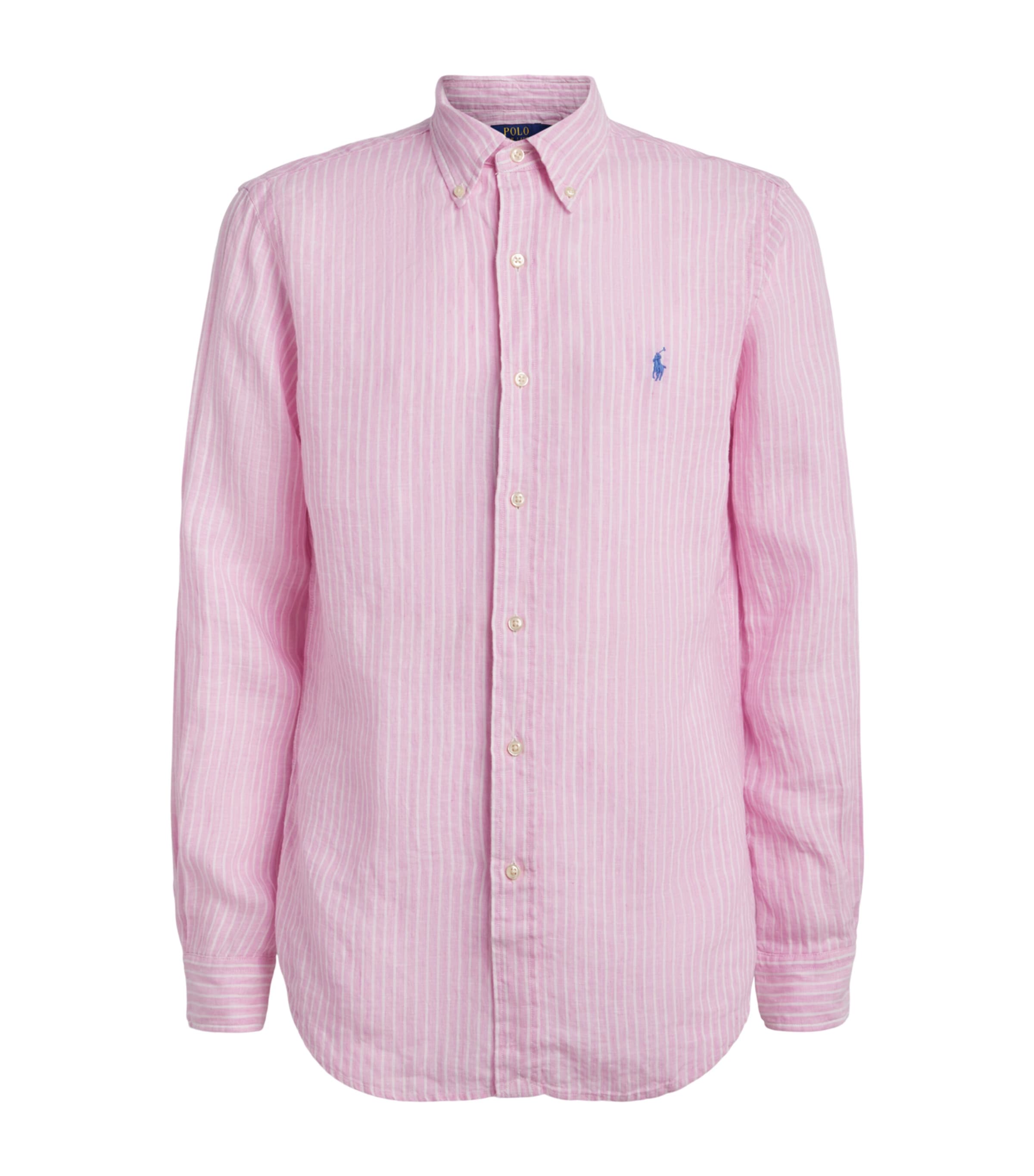 Polo Ralph Lauren Mens Linen Custom-Fit Stripe Shirt Pink White