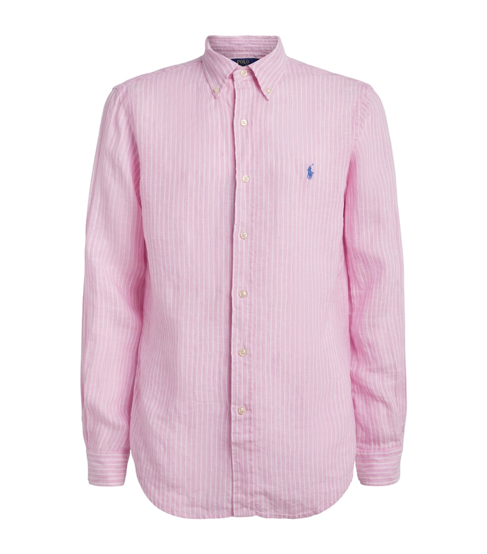 Polo Ralph Lauren Mens Linen Custom-Fit Stripe Shirt Pink White