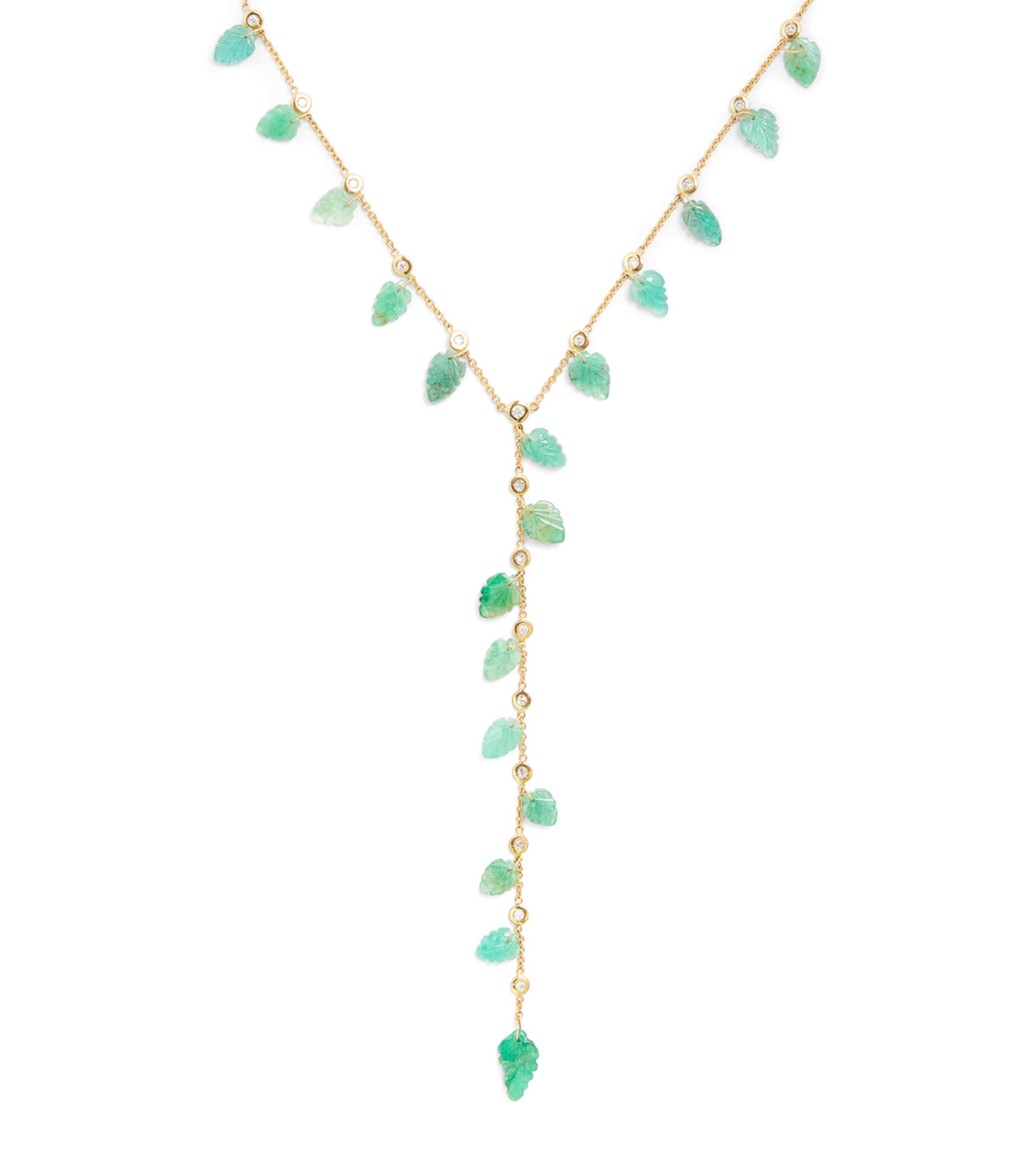 Yellow Gold, Diamond and Emerald Shaker Leaf Necklace