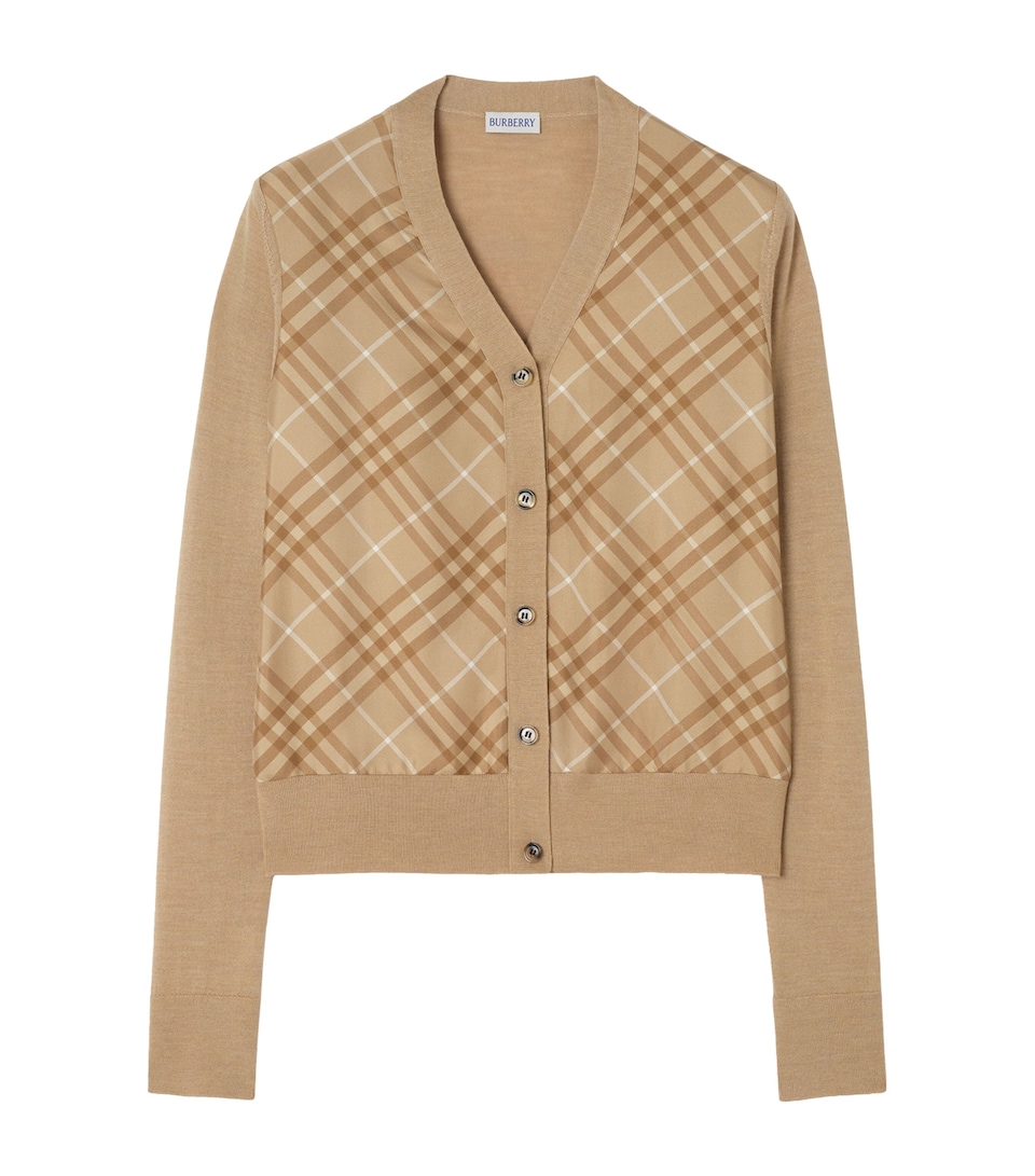 Burberry Womens Wool-Silk Check Panel Cardigan Camel