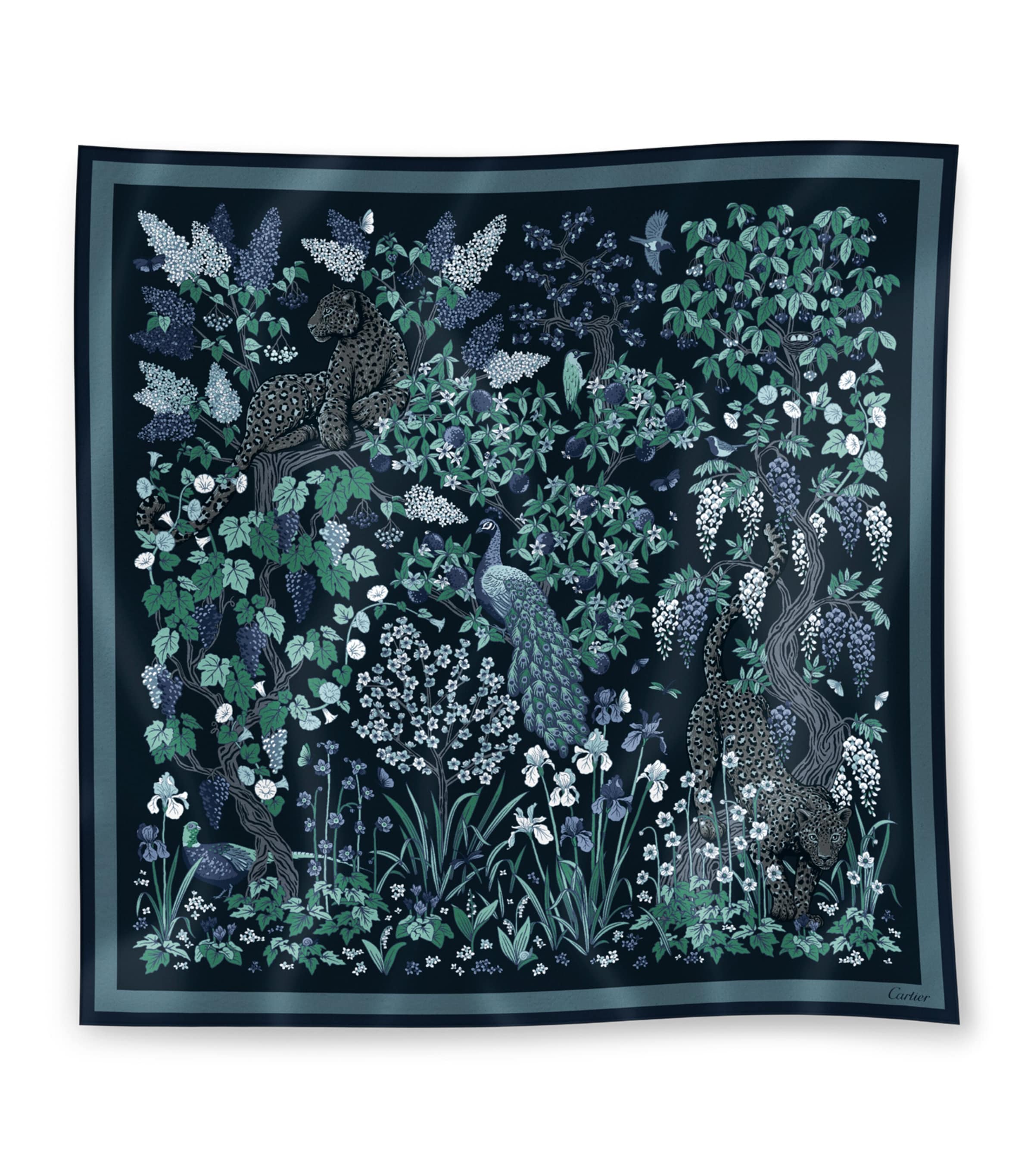 Cartier Silk Blooming Panthère Square Scarf Navy Blue