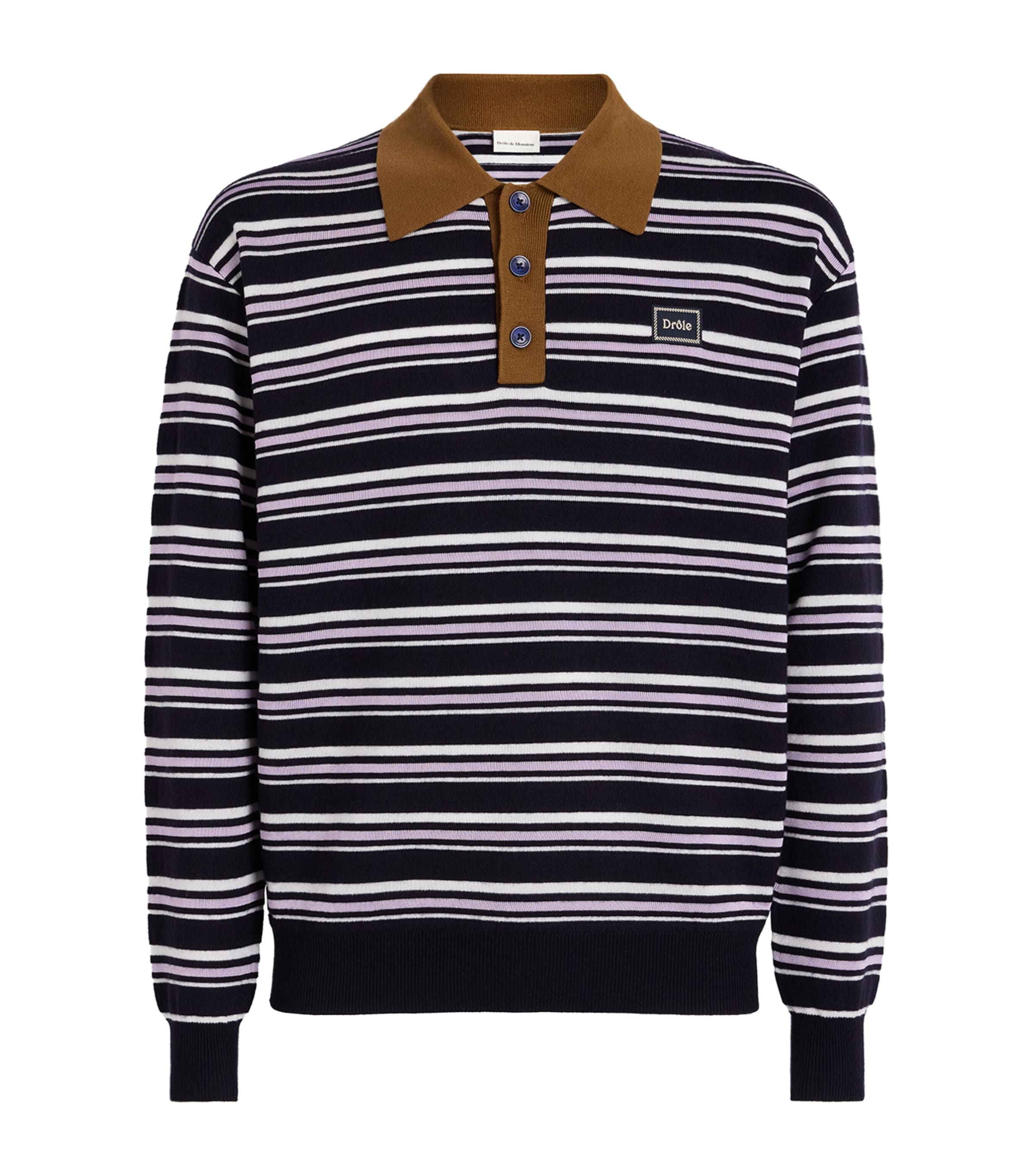 Drôle de Monsieur Mens Wool-Blend Striped Polo Sweater Navy