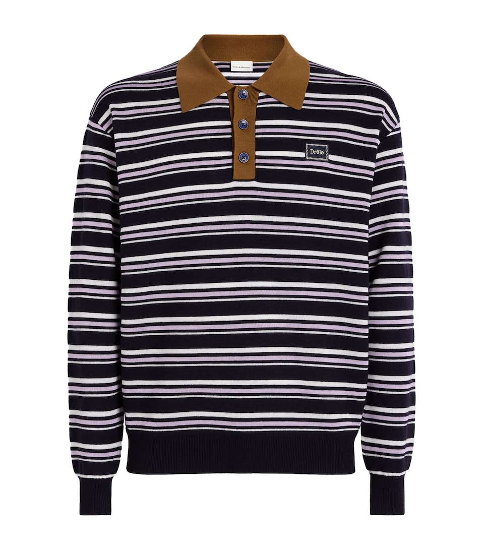 Drôle de Monsieur Mens Wool-Blend Striped Polo Sweater Navy
