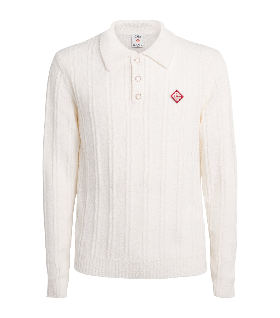 Casablanca Mens Boucle Long-Sleeve Polo Sweater White