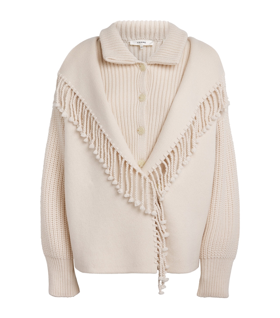 FRAME Womens Wool Jacquard Fringe Coat Ecru
