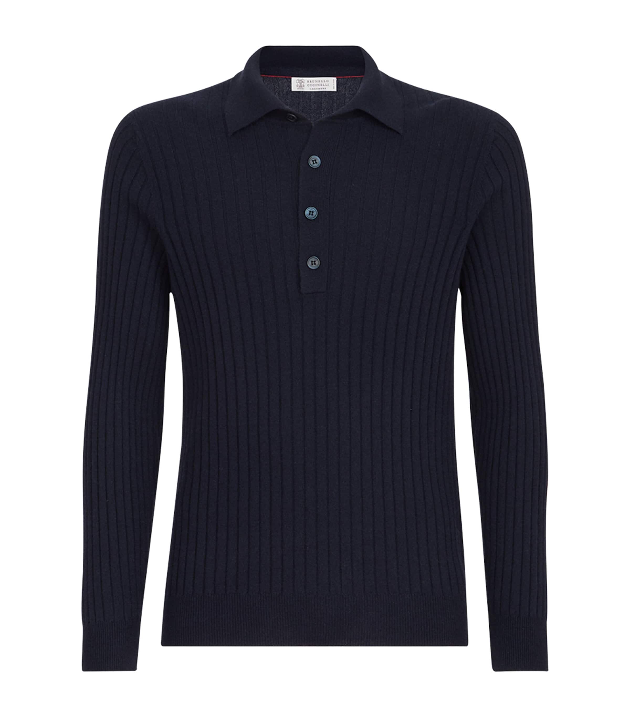 Brunello Cucinelli Mens Cashmere Rib Polo Sweater Navy