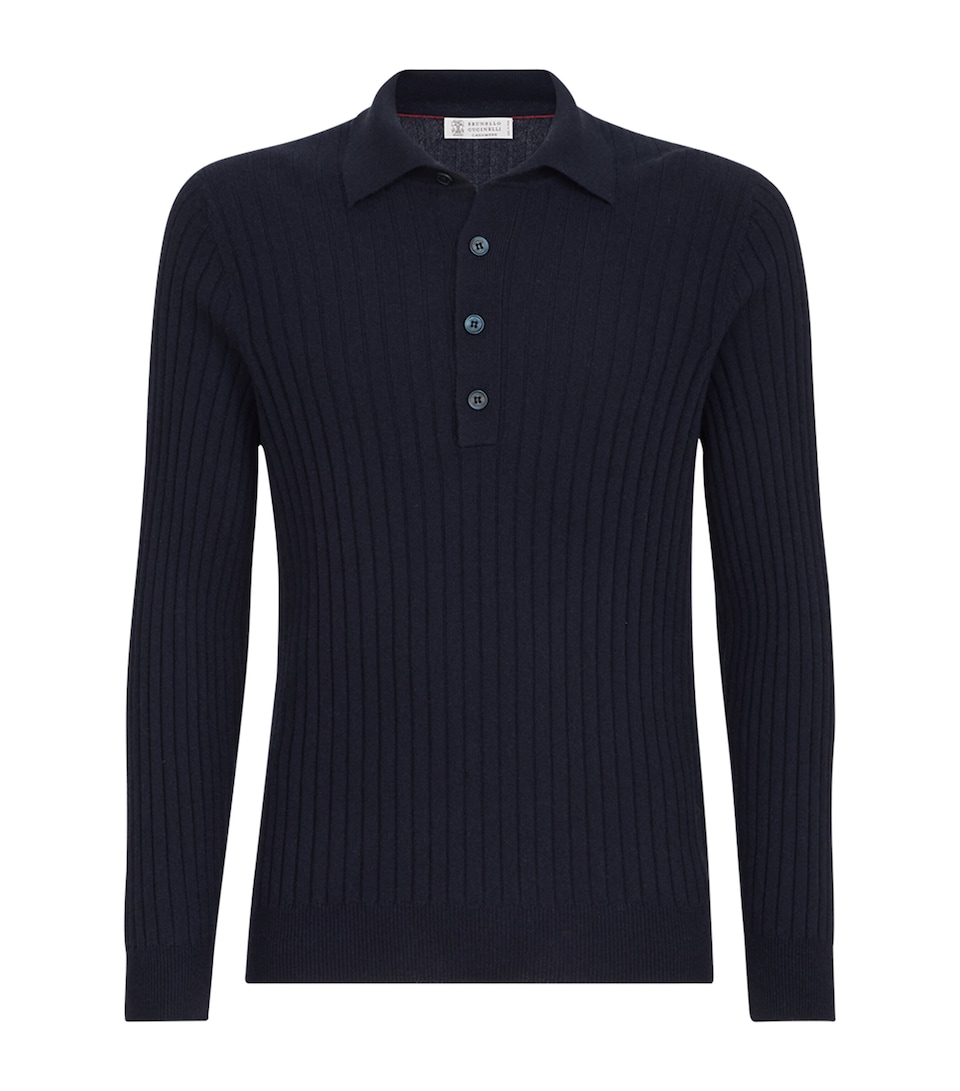 Brunello Cucinelli Mens Cashmere Rib Polo Sweater Navy