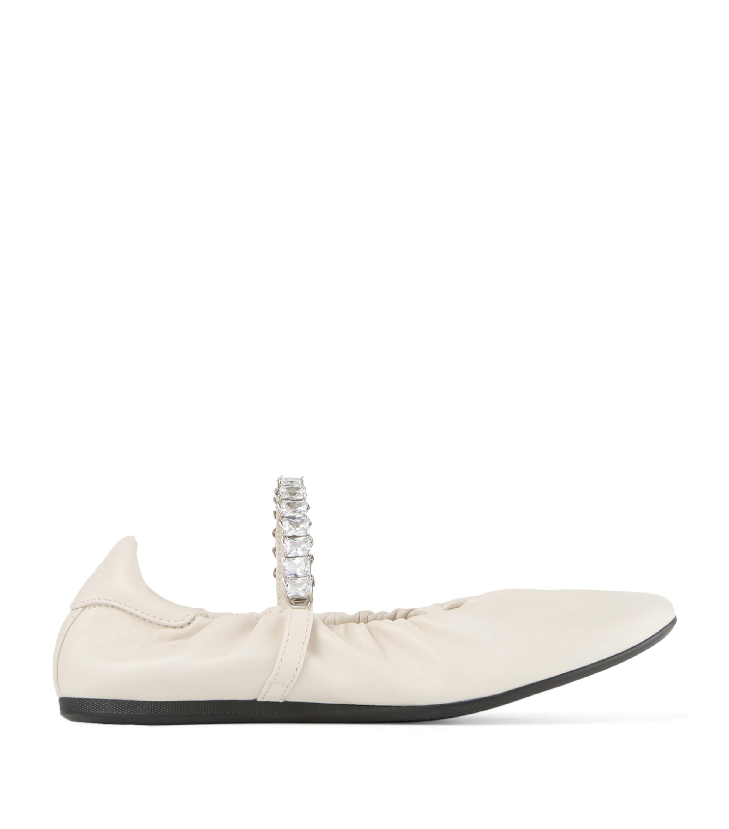 Jimmy Choo Jade Embellished Leather Ballet Flats X Latte/crystal