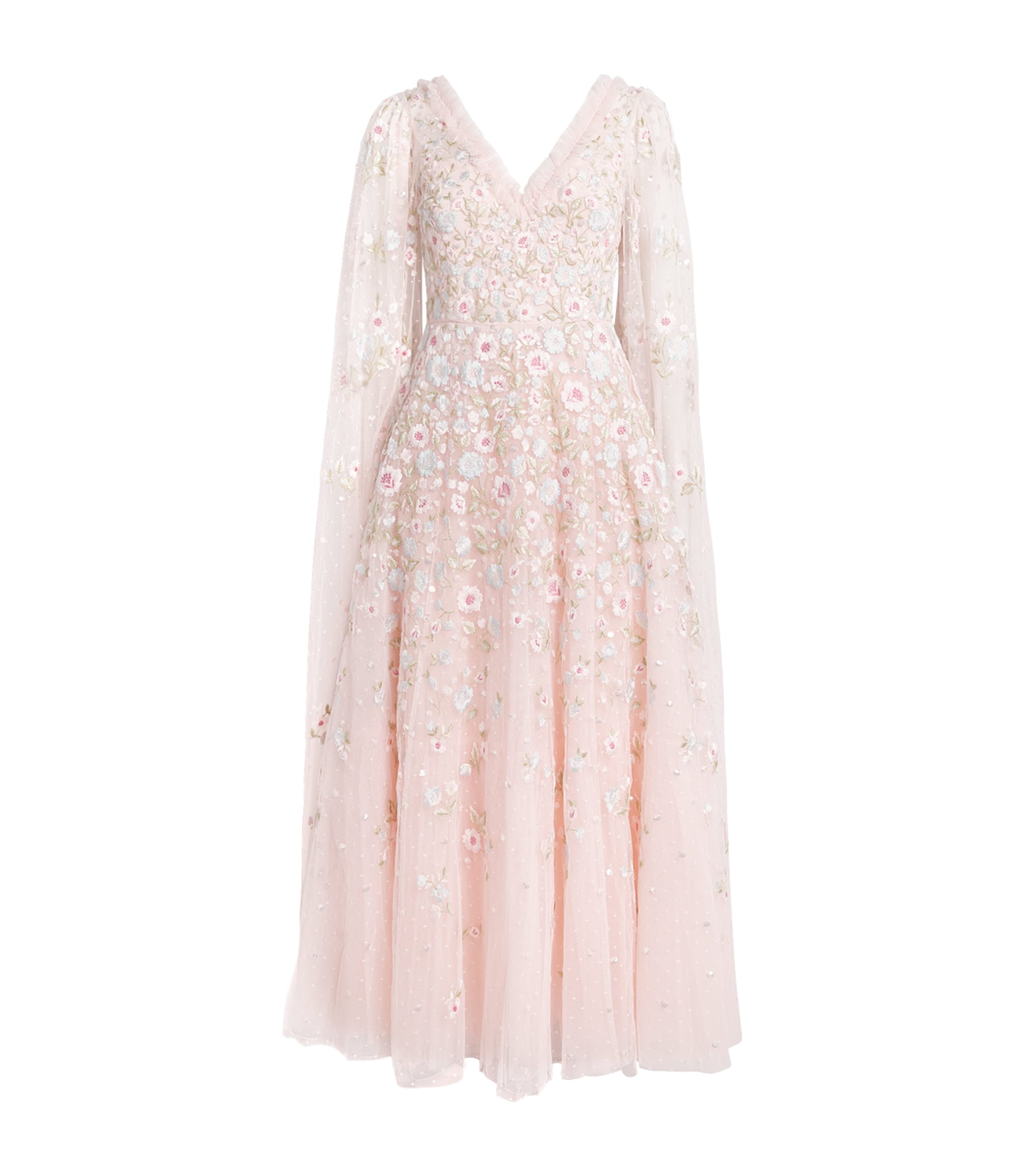 Cape-Detail Ethereal Blooms Maxi Dress