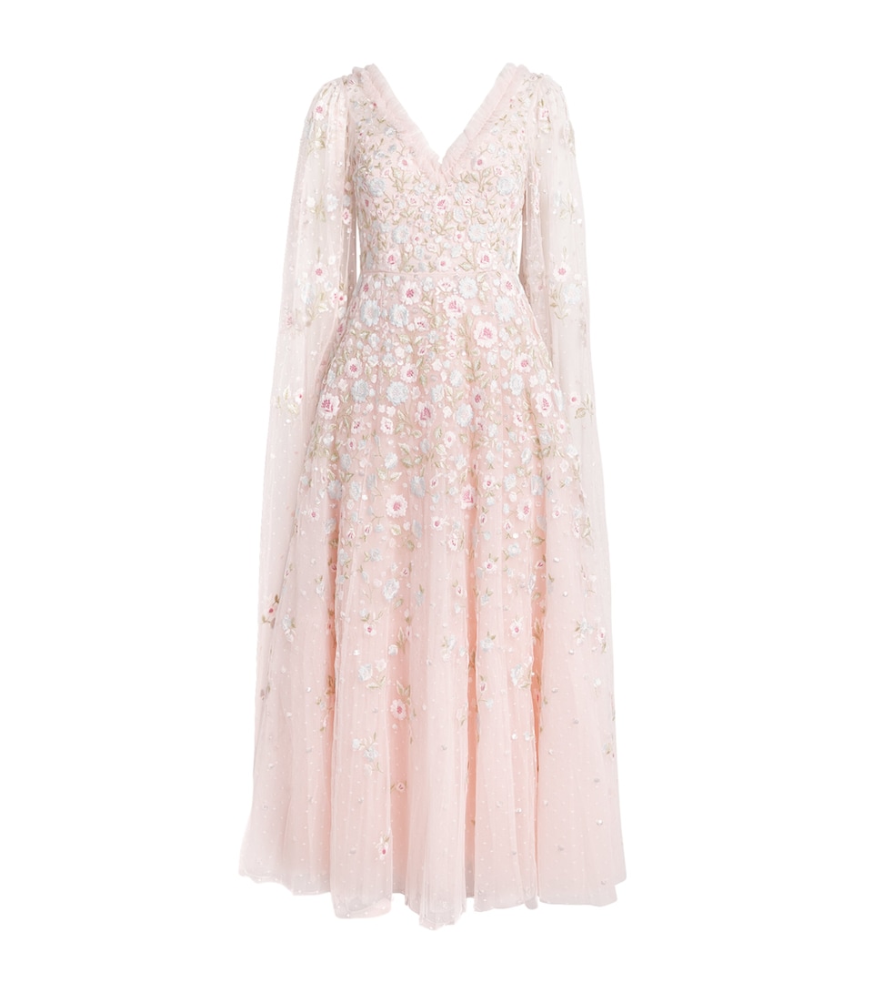 Cape-Detail Ethereal Blooms Maxi Dress
