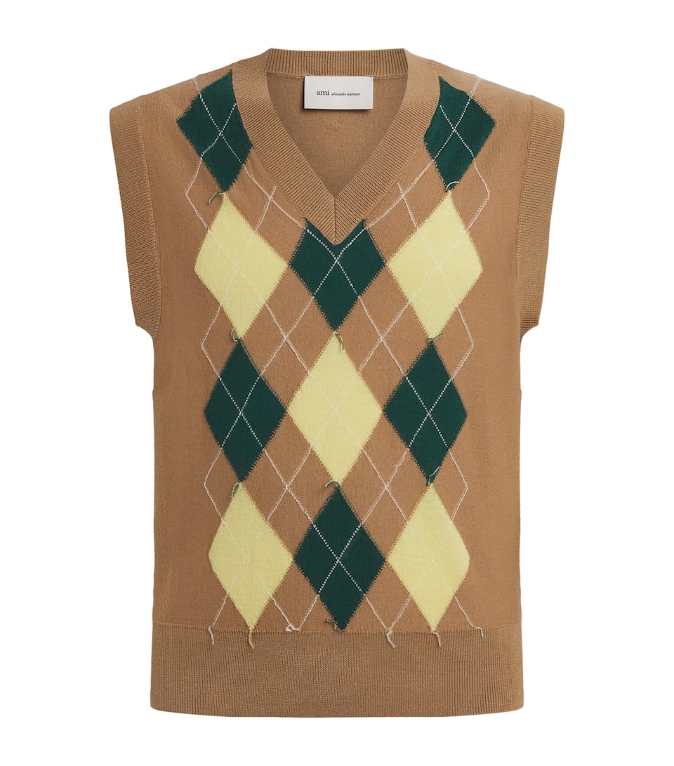 AMI Paris Mens Wool-Cotton Argyle Sweater Vest Camel/jaun/vert