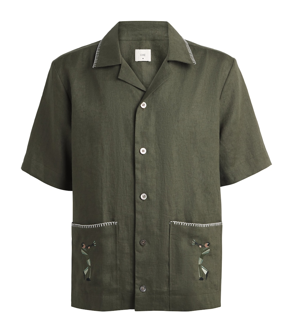 CHÉ Mens Linen Trompette Embroidered Shirt Deep Forest