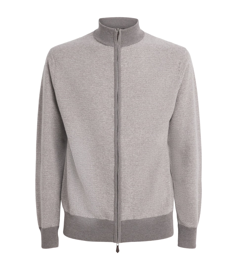 N.Peal Mens Organic Cashmere Birdseye Cardigan Taupe Ecru New Ivory