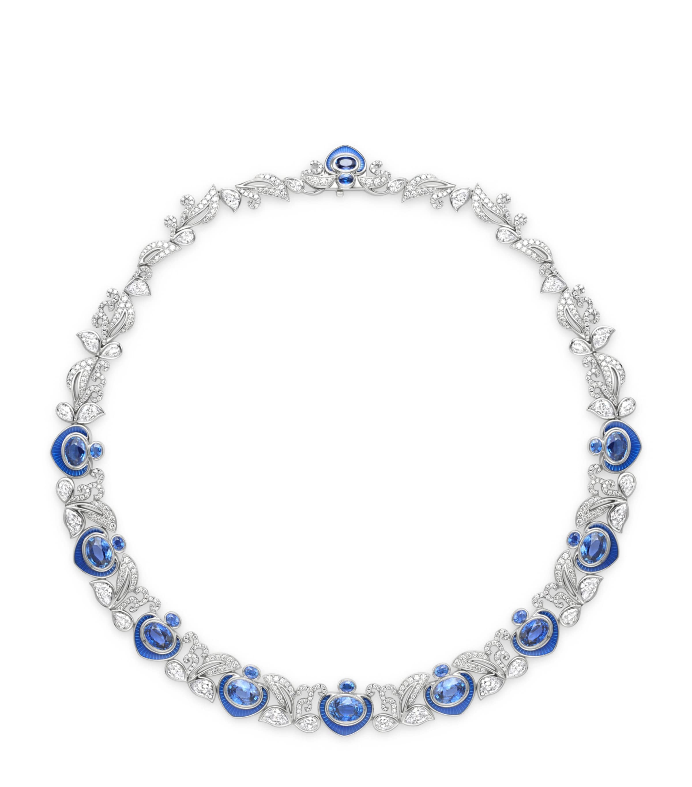 Boodles Platinum, Diamond and Sapphire The Palace Collection Royal Porcelain Collar Necklace Blue