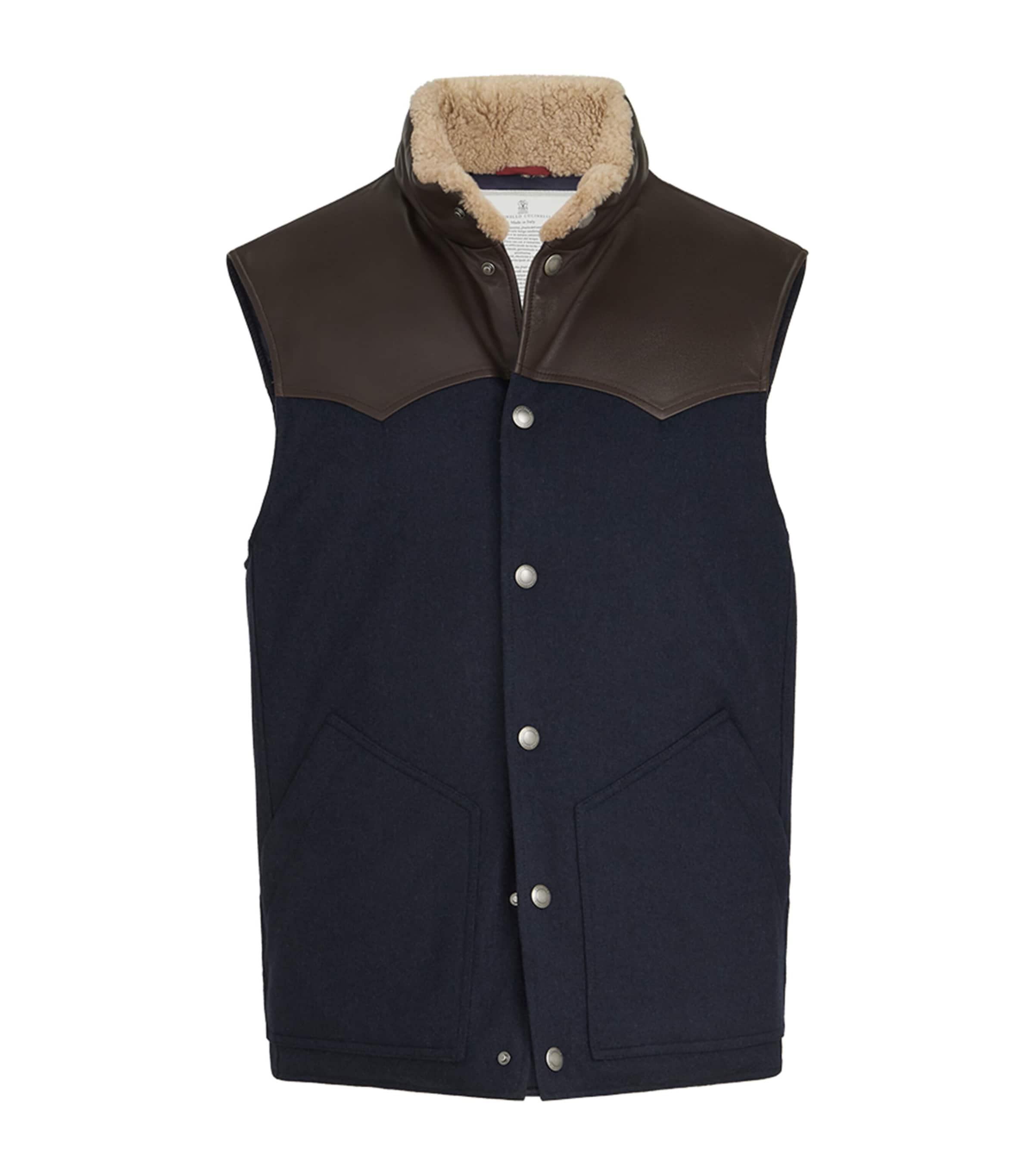 Brunello Cucinelli Mens Wool Shearling-Trim Gilet